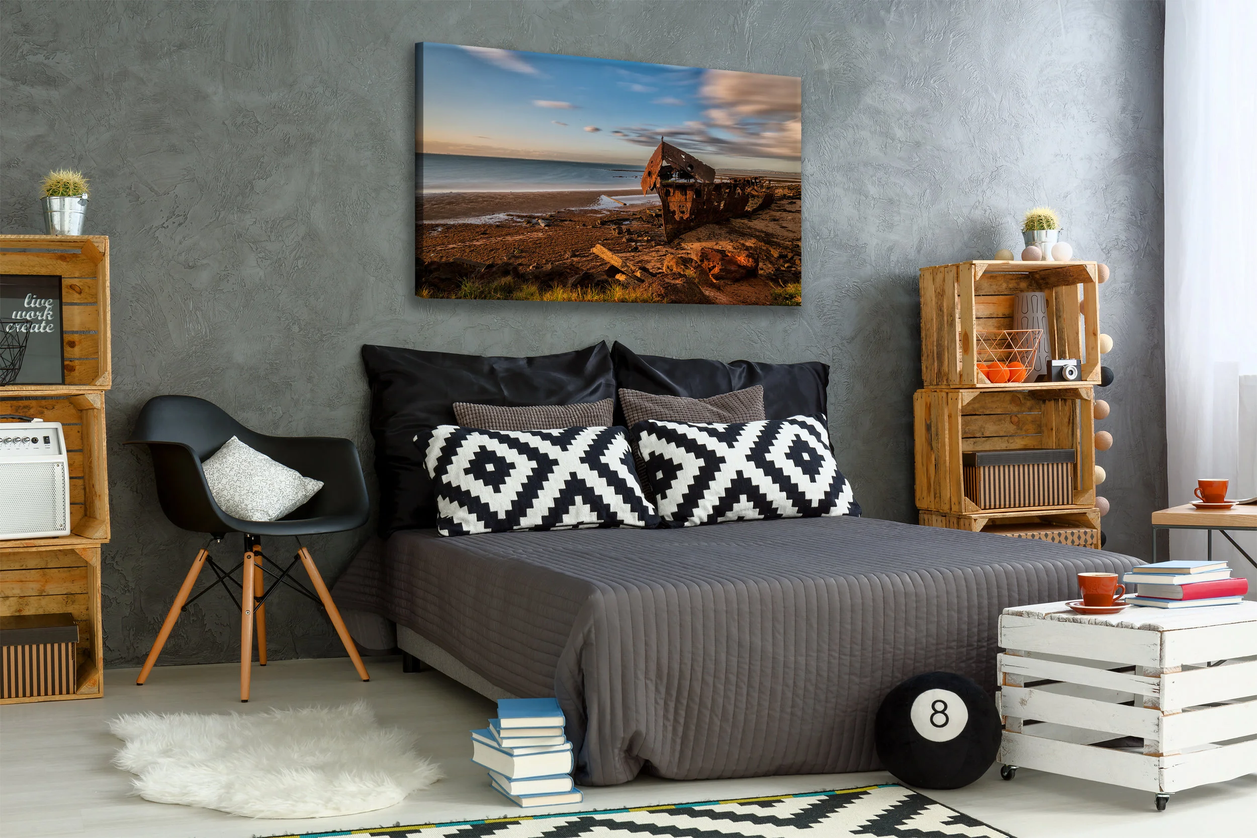 New bedroom with creative, DIY furniture