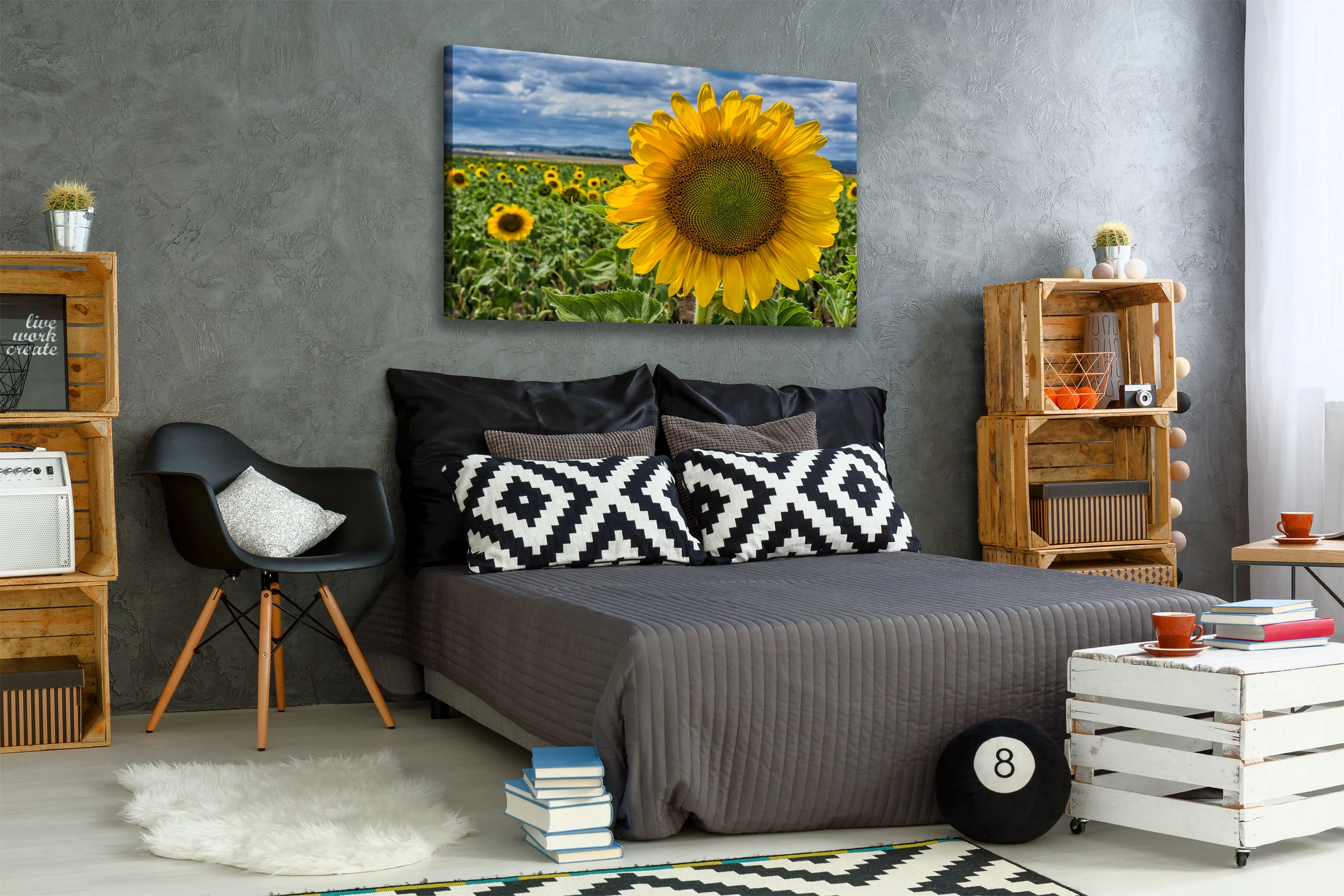 New bedroom with creative, DIY furniture