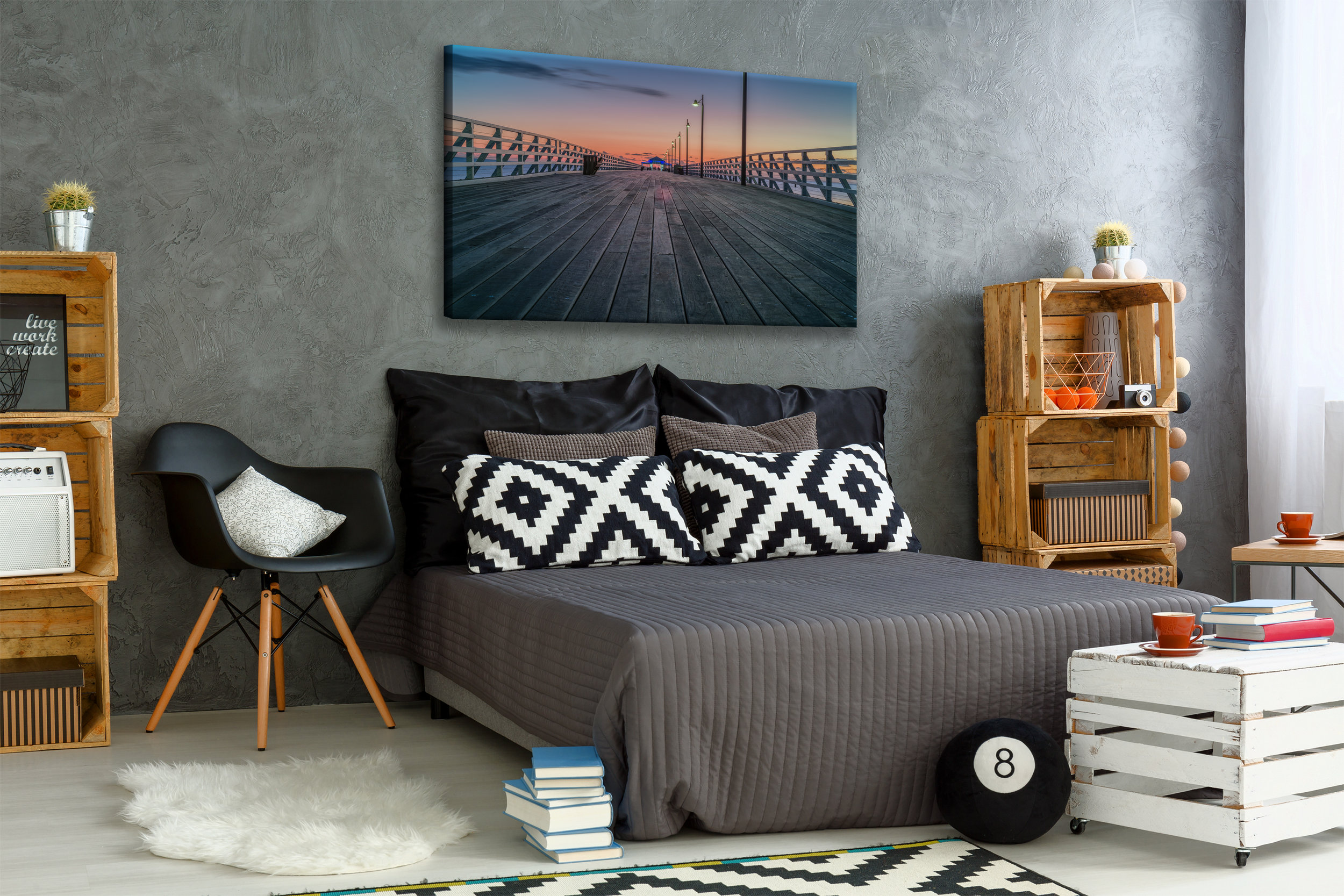 New bedroom with creative, DIY furniture