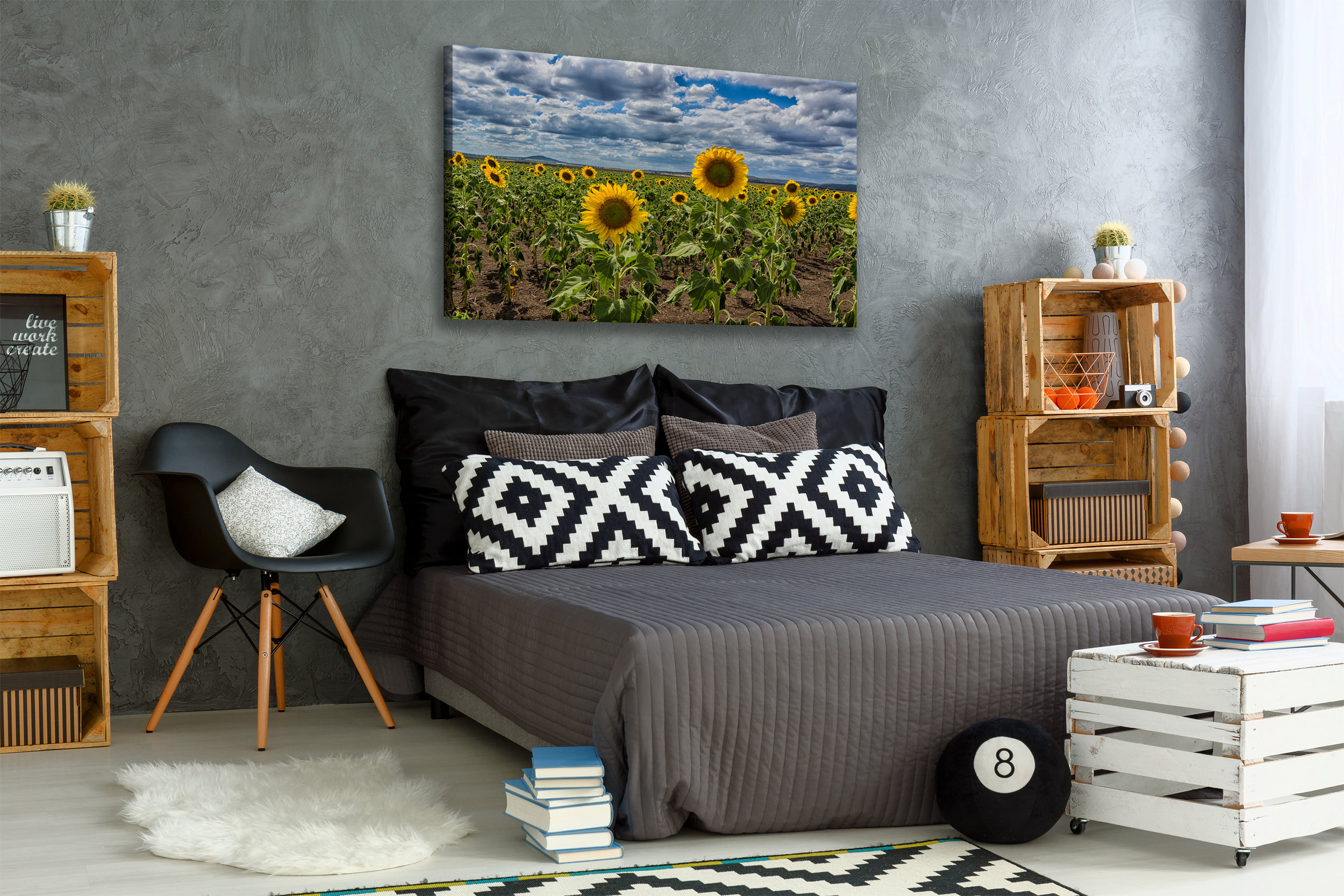 New bedroom with creative, DIY furniture