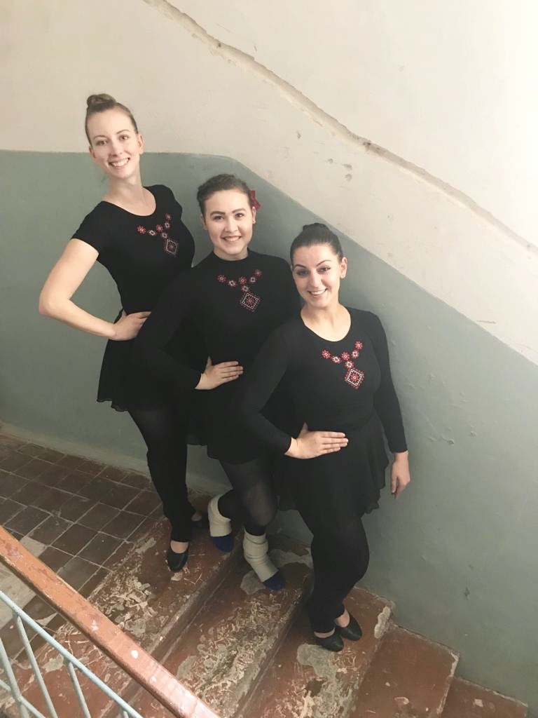  Natalya, Kaitlyn, and I show off our  Postmark Ukraine  bodysuits in the Philharmonic.  