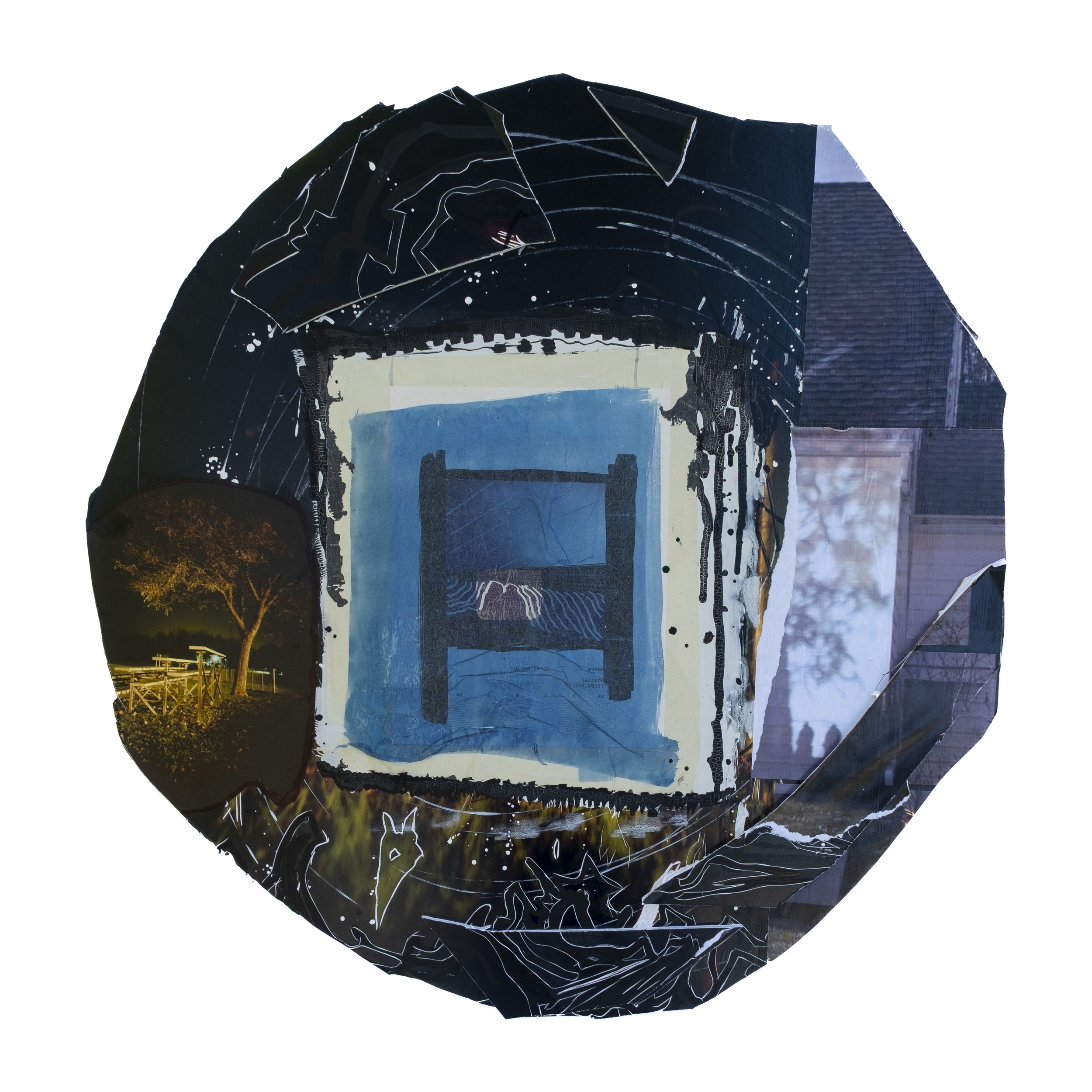 Proceed photographs, tracing paper, cyanotype, carving, foam 29”x29” 2024