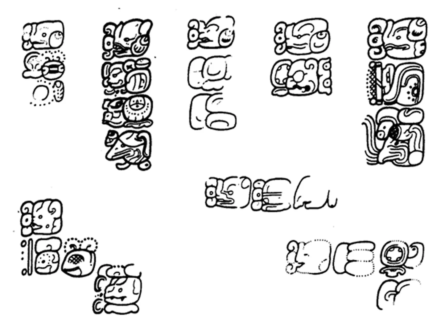 Eight examples of Maya 'lu-Bat' glyph for 'engraver' followed by the engraver’s name found on Stela 31, El Perú, Guatemala, as presented by Michael Coe. (Coe 2012, 249)