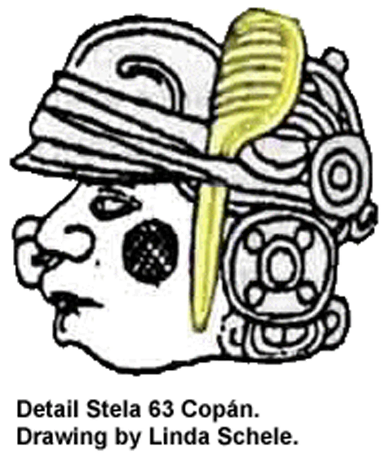 Scribe with a conch shell paint pot as a scribal icon, detail from Stela 63, Copán, drawing by Linda Schele. famsi.org