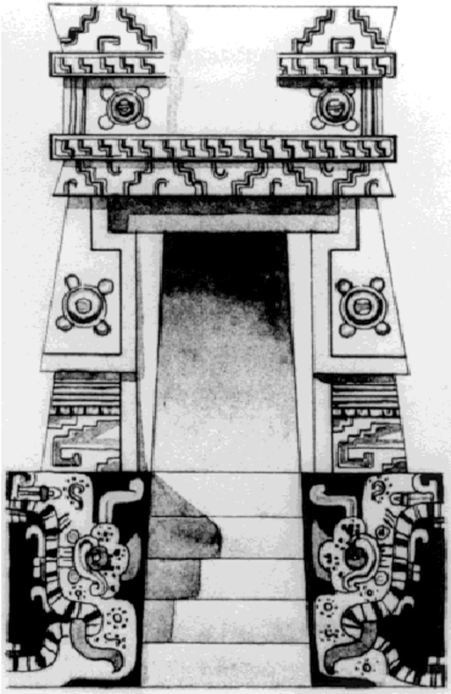 One of five miniature temples in Room 1 in the Temple of the Niches (Q80), by Tatiana Proskouriakoff. Source: www.researchgate.net .