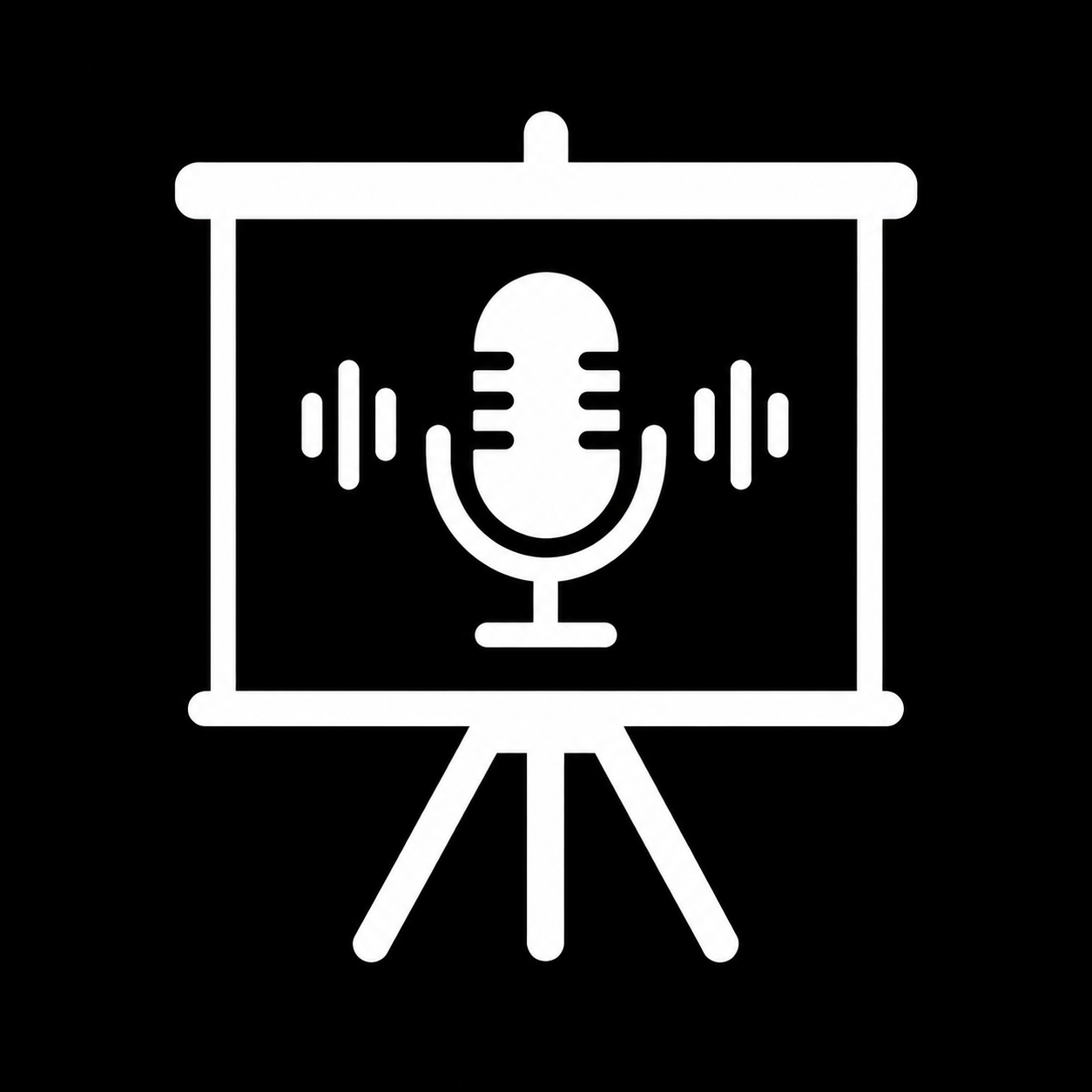 White icon of a presentation easel displaying a microphone with soundwave symbols on a black background, representing a podcast workshop, training, or presentation