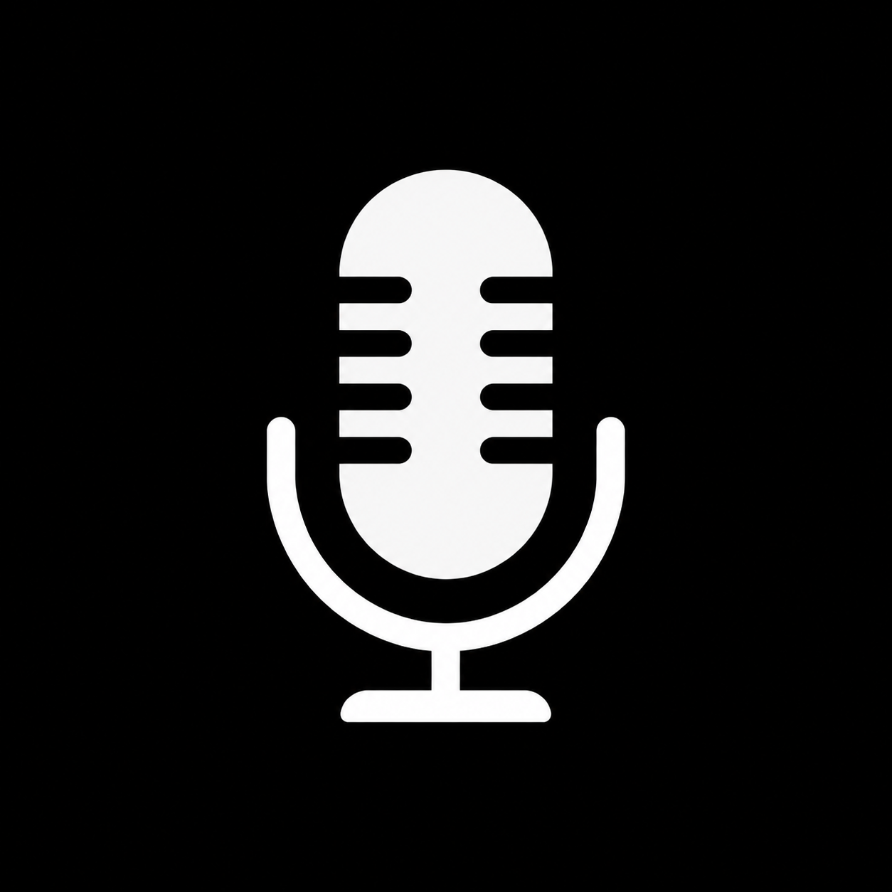 A minimal podcast production icon showing a microphone on a black background.