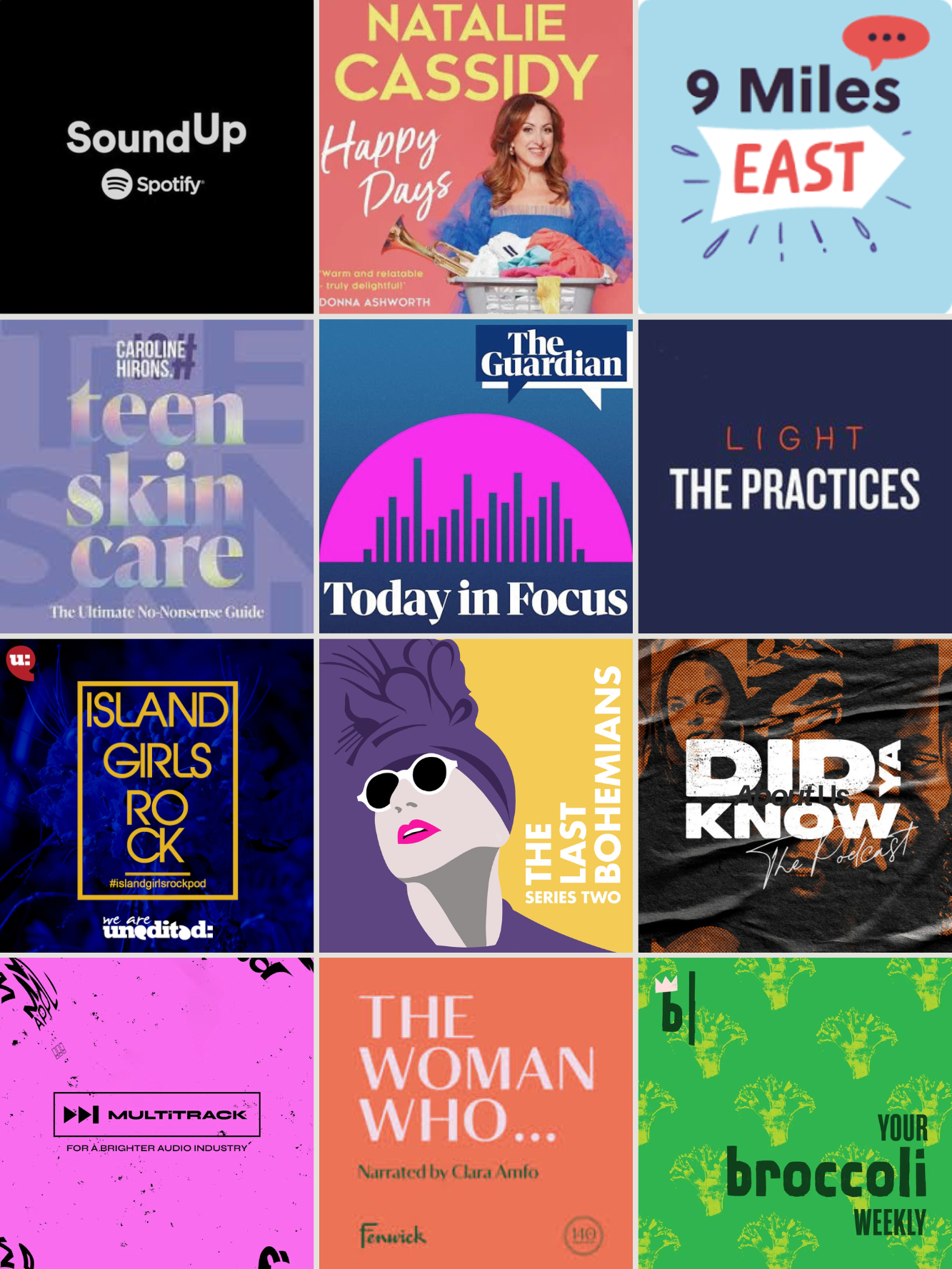 grid of podcast and media cover designs in varied colors and styles.