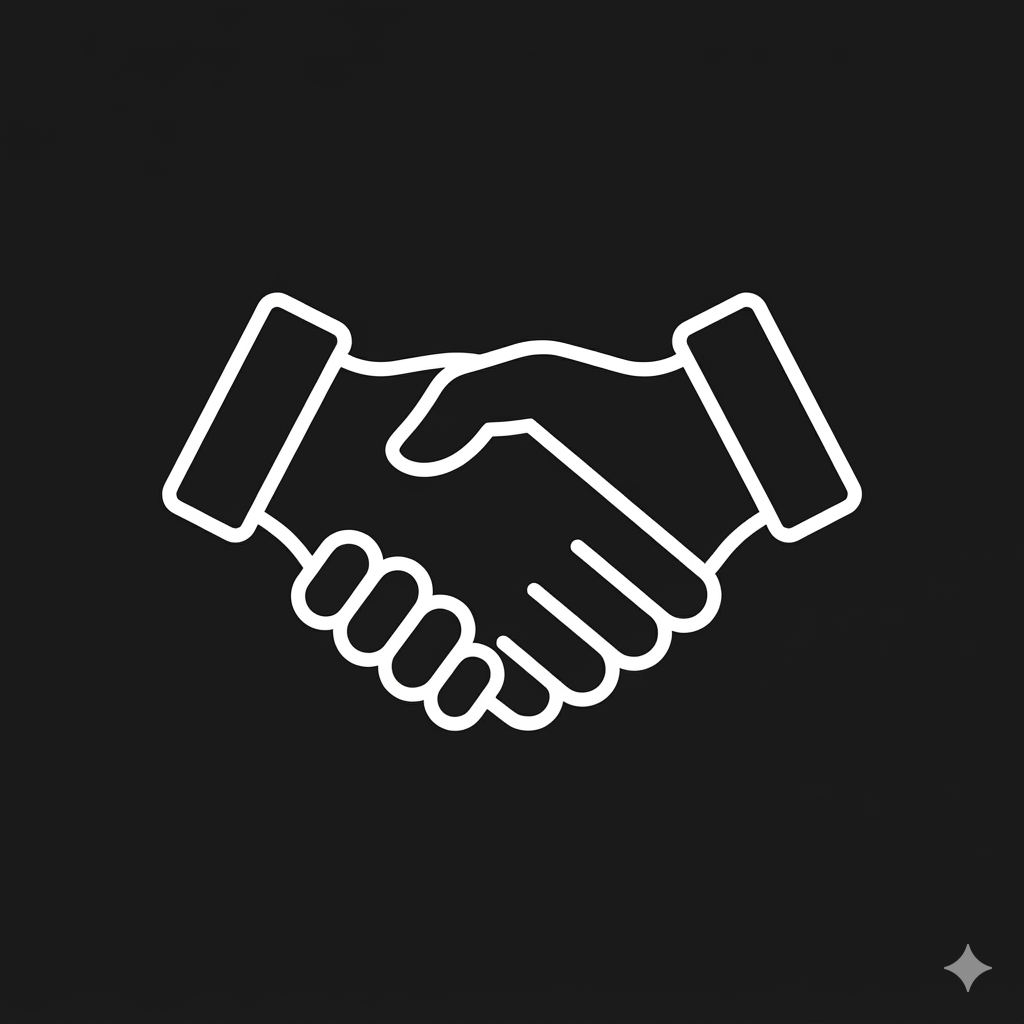 A black-and-white handshake icon with a black background and white outlines only.