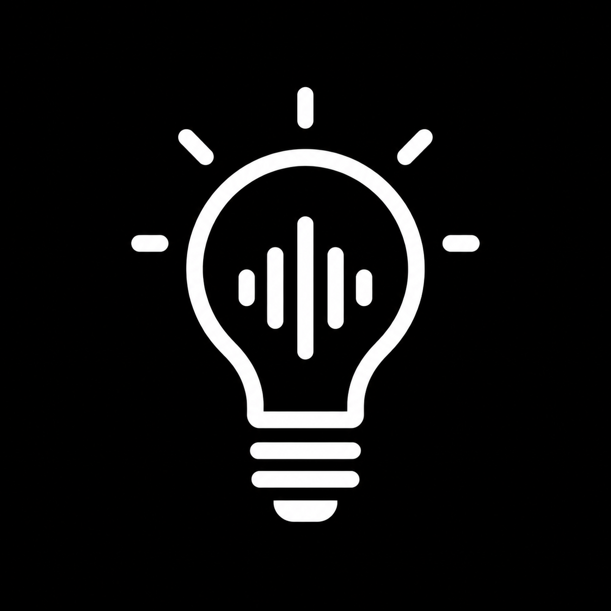 A minimal podcast development icon showing a lightbulb with a small waveform inside on a black background.