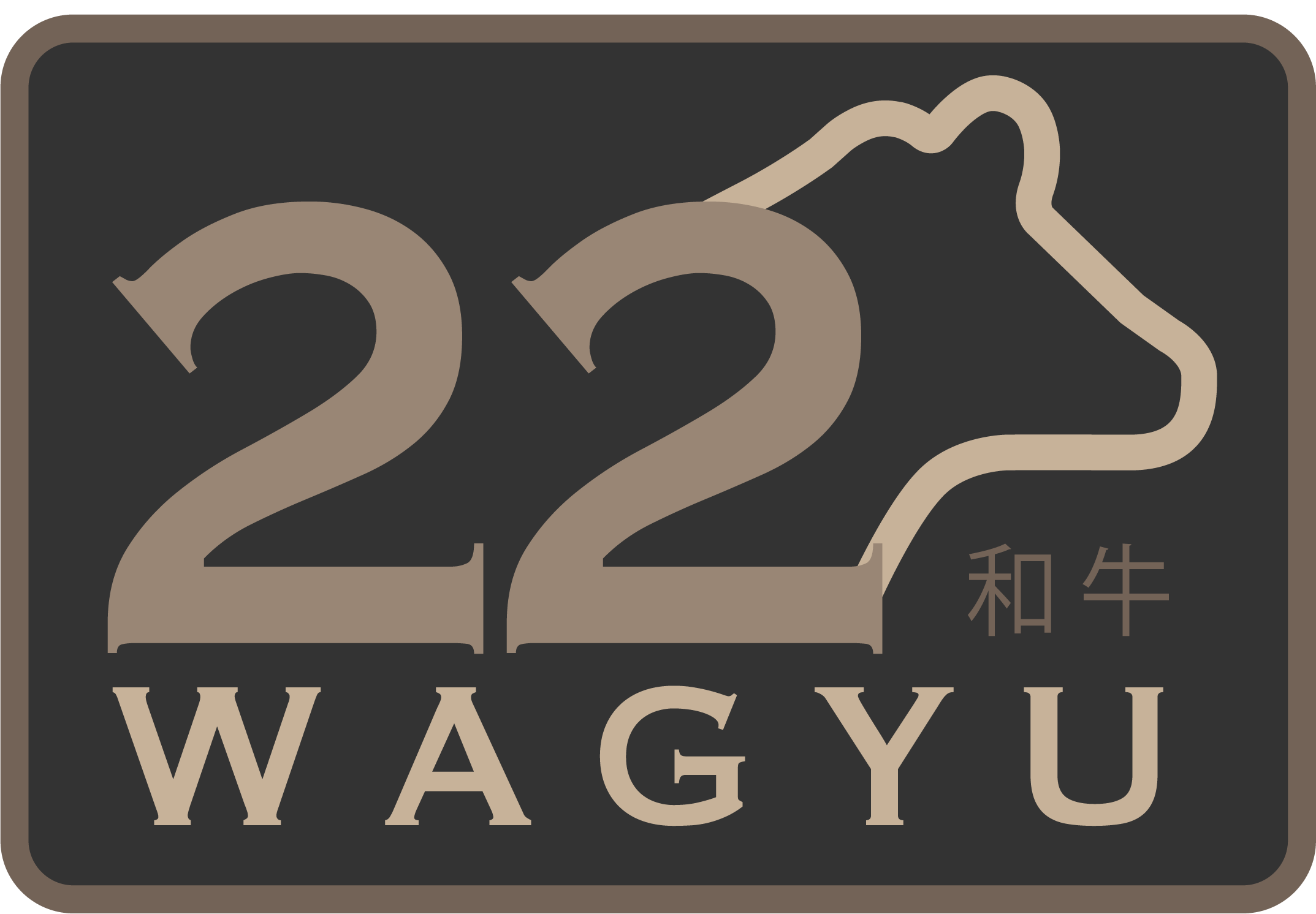A logo with the number 22, a stylized image of a cow's head, the Japanese characters for Wagyu beef, and the word WAGYU in beige on a dark background.