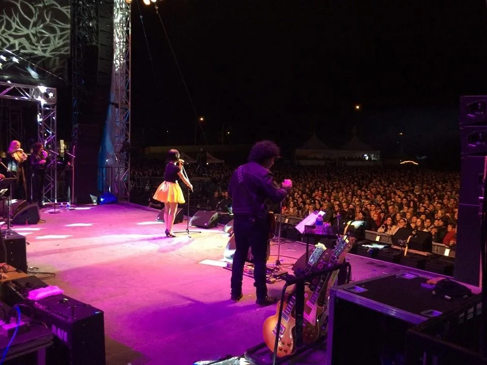 Scène de concert en plein air avec un groupe de musiciens sur scène, un public nombreux regardant le spectacle la nuit.