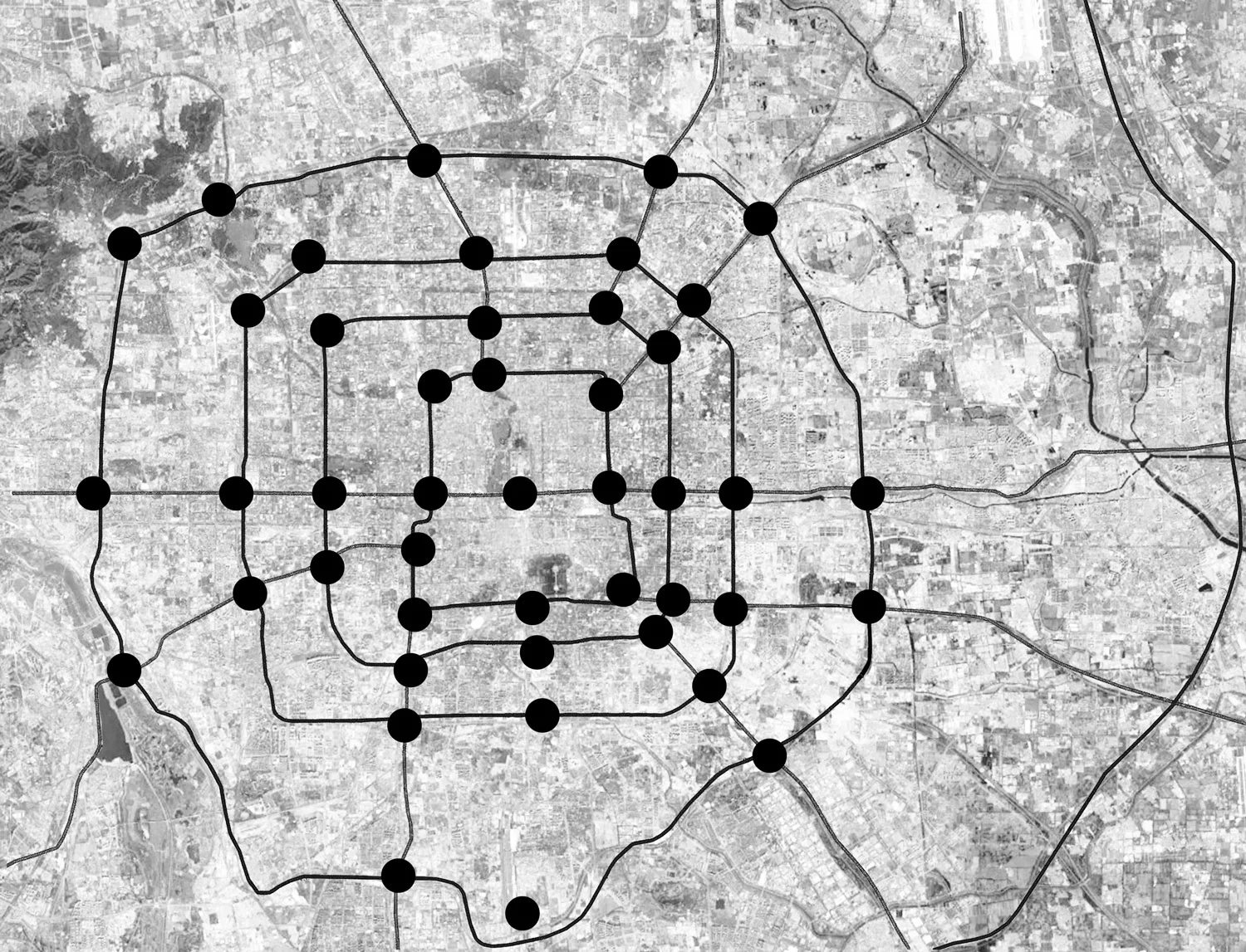 By studying the structure of spider web, combined the Beijing city grid, we begin to think about our tower arrangement. The arrangement should not only serve locally, but should also work as a whole. Each tower shall be able to communicate with each other and distribute according to the changes of the environment. 