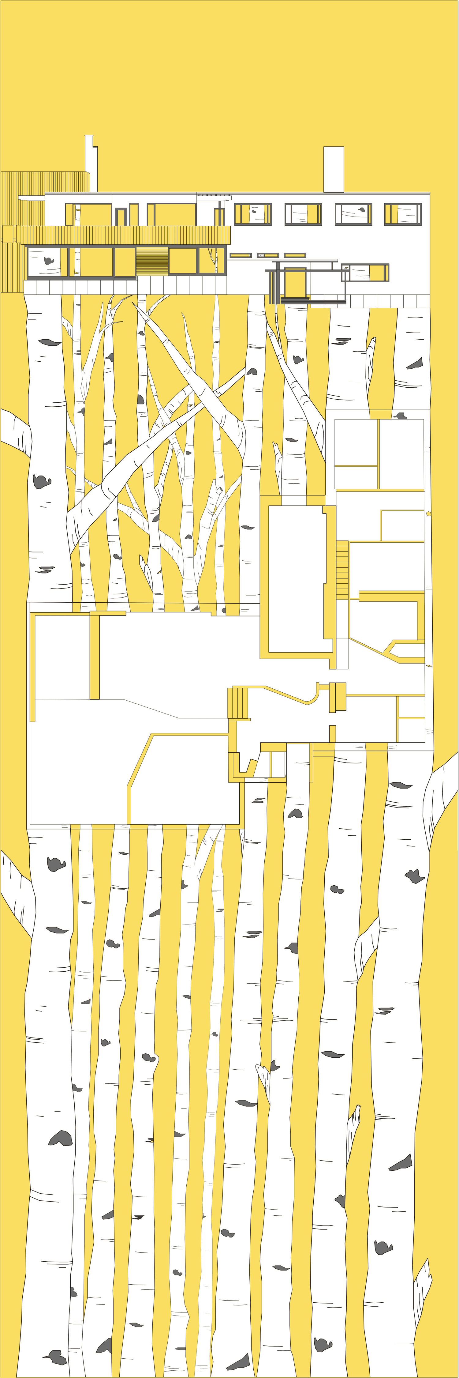 OF THE TREES Rachel Johnston Villa Mairea Alvar Aalto Alvar Aalto’s Villa Mairea completely transcends what a typical home and living space have become. Aalto’s design is the mimicry of nature’s beauty. From the staircase with teak wood jutting up to the ceiling like trees in a forest to the serpentine shape cut out from the living room fireplace, there is serenity and peaceful beauty to this place that results from juxtaposed references to the Villa’s Finnish forest surroundings. Another aspect of the Villa is the sense of rhythm that these call outs to nature provide. The whole villa is somewhat of a musical experience with its curved shapes, synthesized materials, and use of natural light. The house, in a sense, draws you in from the forest but never fully takes you away before you are led back outside. Villa Mairea is built in and of the trees.