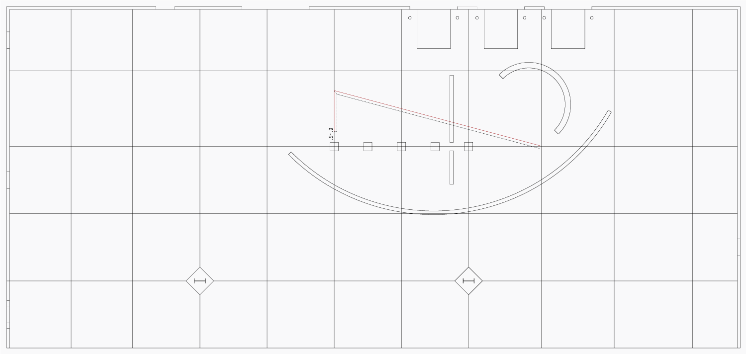 POINT FROM COLUMN 5 CENTER, MOVED EAST 3' - 0" SECONDARY POINT FROM LAST POINT MOVED 7' - 0" SEGMENT FROM CREATED POINTS, COPIED AND ANGLED 75° ANGLED SEGMENT TRIMMED AT INTERSECTION WITH POLAR ARRAY ITEM 11 OFFSET