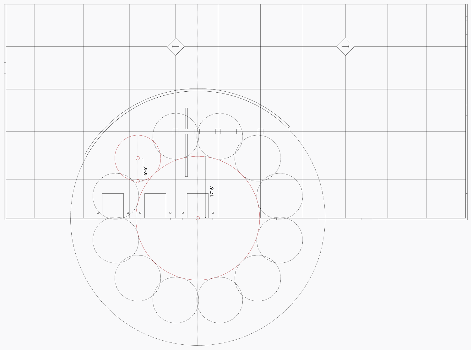 CIRCLE RADIUS 36’ - 0” FROM MIDPOINT OF EXTERIOR SIDE GARAGE BAY 3 VECTORS AT 60° AND 315° SPLIT CIRCLE TRIMMED ARC OFFSET 0' - 6" EXTRUDED 2' - 0" ARC OFFSET 0’ - 6” FROM CIRCLE OF RADIUS 36’ - 0”
