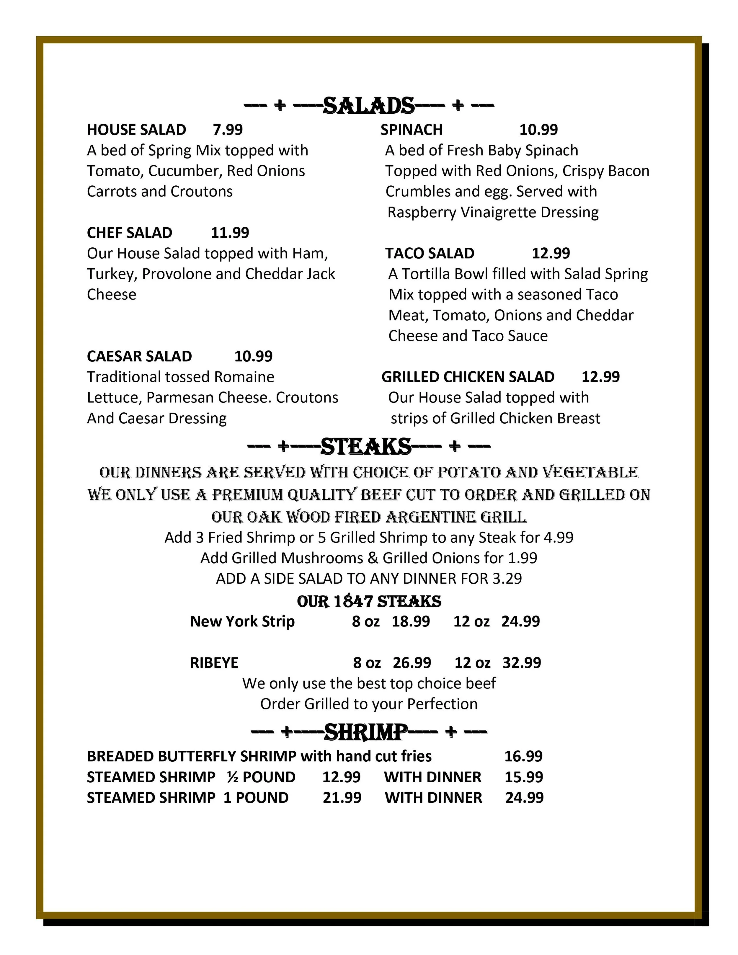 Menu — Mullin's 1847 Cabin