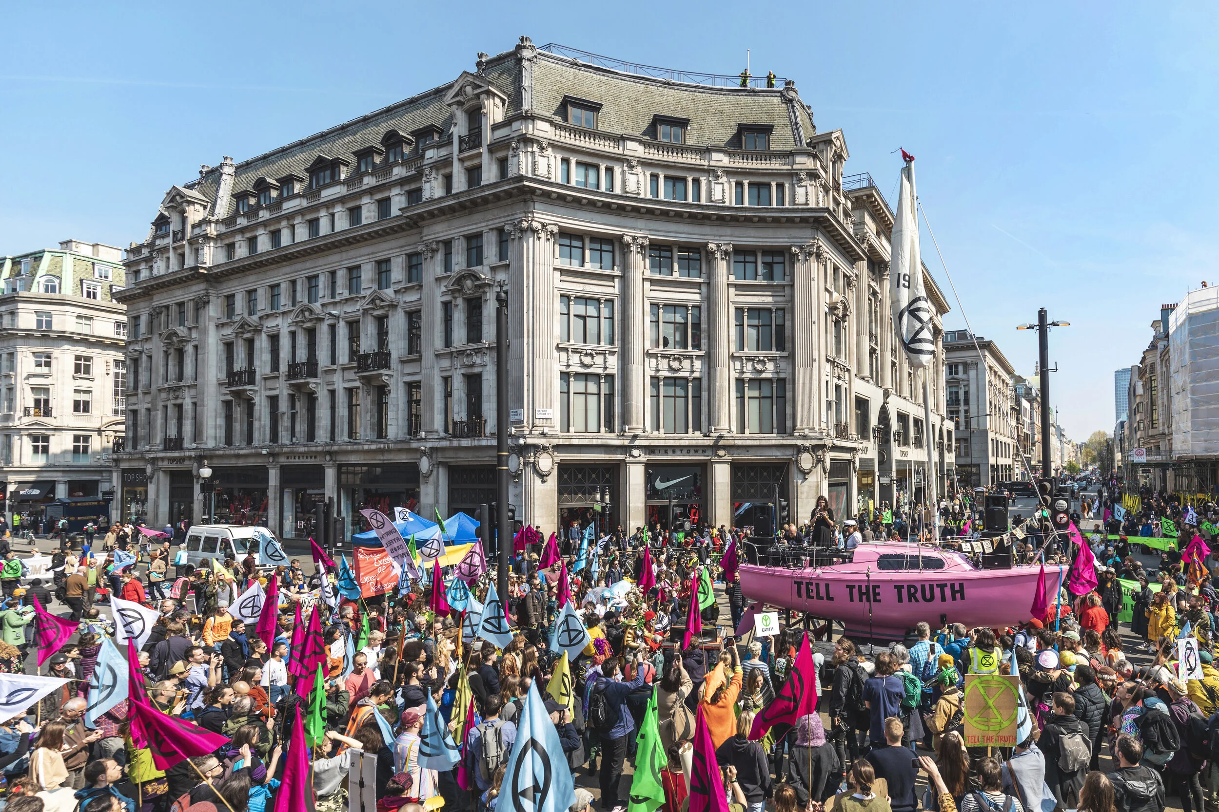 Extinction Rebellion protesters occupy Oxford Circus, one of London’s busiest shopping districts, in April 2019 Photo: Rob Pinney for Point.51