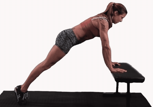 Scaled pushup descent: maintain plank (don't leave butt in the air!) with your elbows slightly behind wrists at bottom.