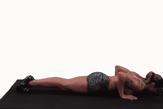 Pushup ascent (the press): press firmly through flat hands, maintain plank, keep head neutral, re-establish beginning plank position with shoulders over elbows and wrists.