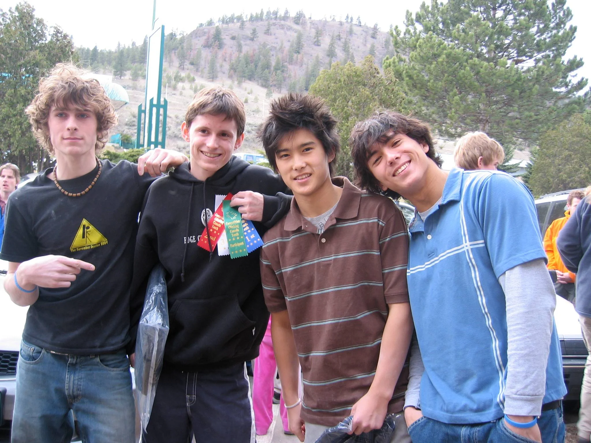 Matt Johnson (Bloc Shop Coach), Simon Parton (2017 Nationals Chief Routesetter), JJ Mah (2017 Nationals runner-up), and Sean McColl (2017 Nationals champion), back in the bad old days. Photo from JJ Mah