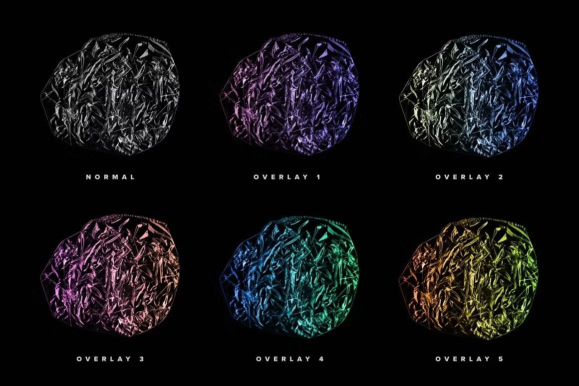 Full contents of the Plastic Wrap Overlays & Cliparts pack — 20 textures and 5 neon gradients