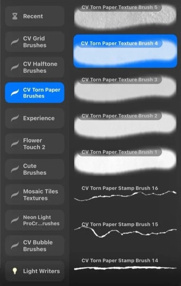 Choosing a Torn Paper Procreate brush from the brush library to paint the background layer