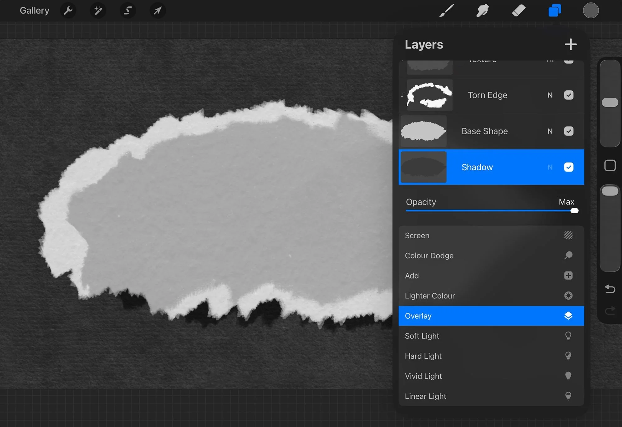 Shadow layer set to Multiply under a torn paper shape in Procreate