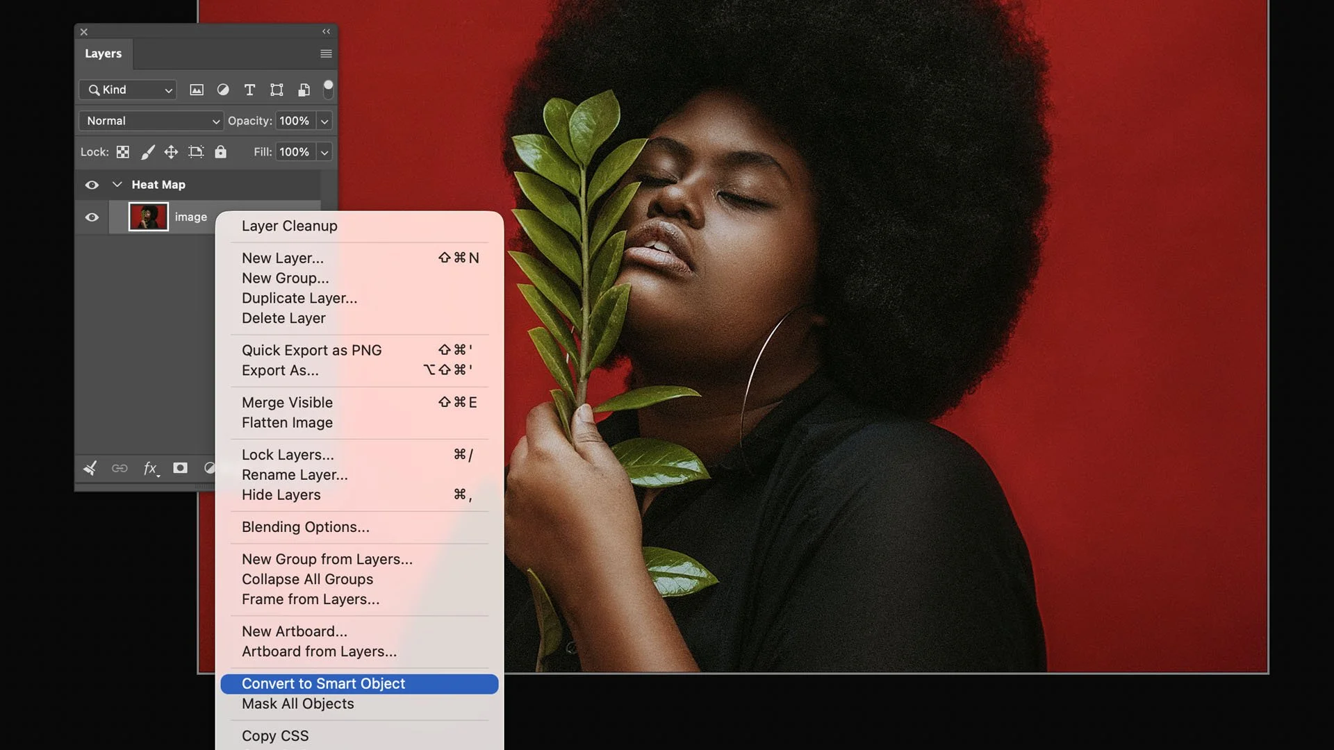 Photoshop Layers panel — converting the photo layer to a Smart Object