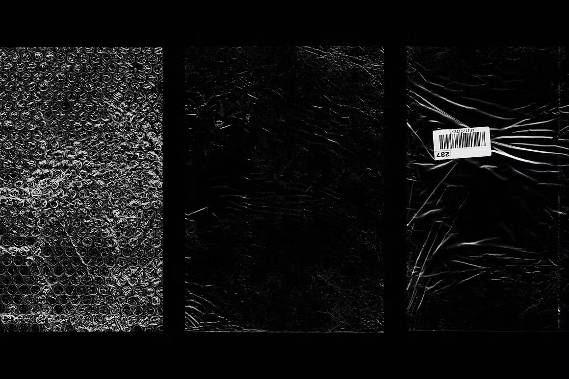 Gallery: neon-lit plastic texture close-up showing wrinkle and reflection detail