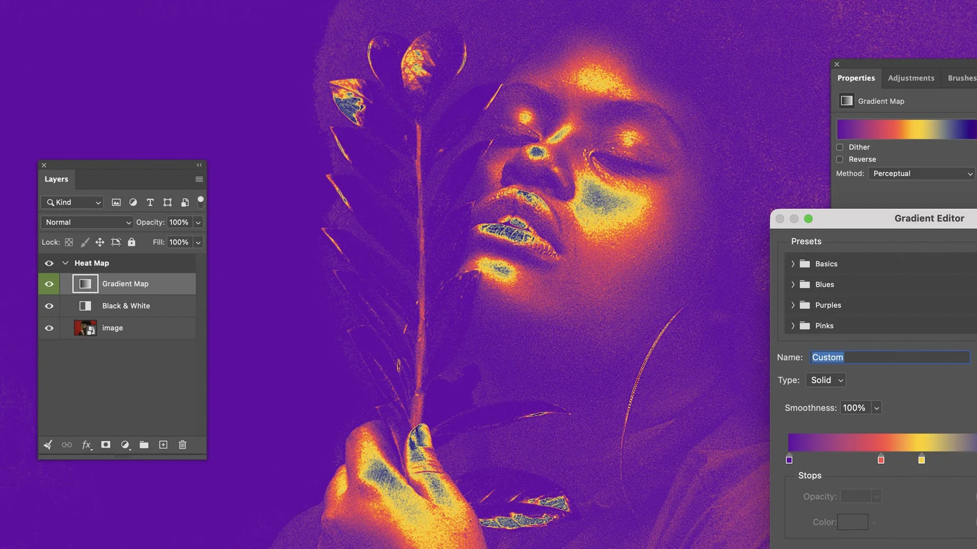 Photoshop Gradient Map settings building the iron thermal palette from deep blue to yellow-white