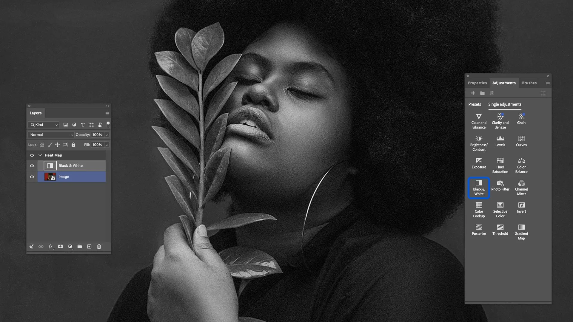 Black & White adjustment layer flattening the portrait to grayscale luminosity in Photoshop