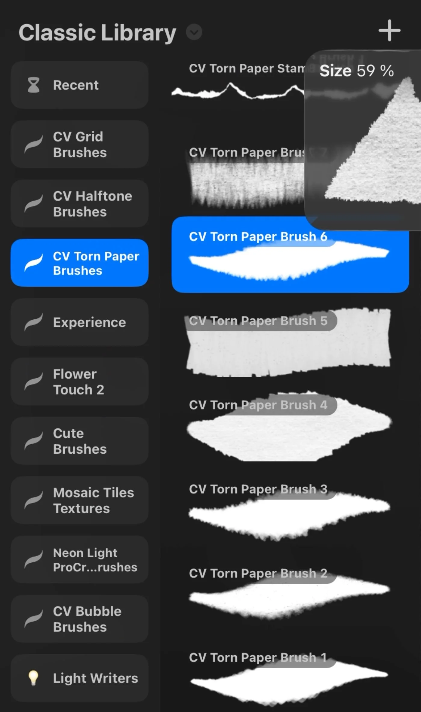 Selecting a torn paper stamp brush in Procreate to lay down the base paper shape