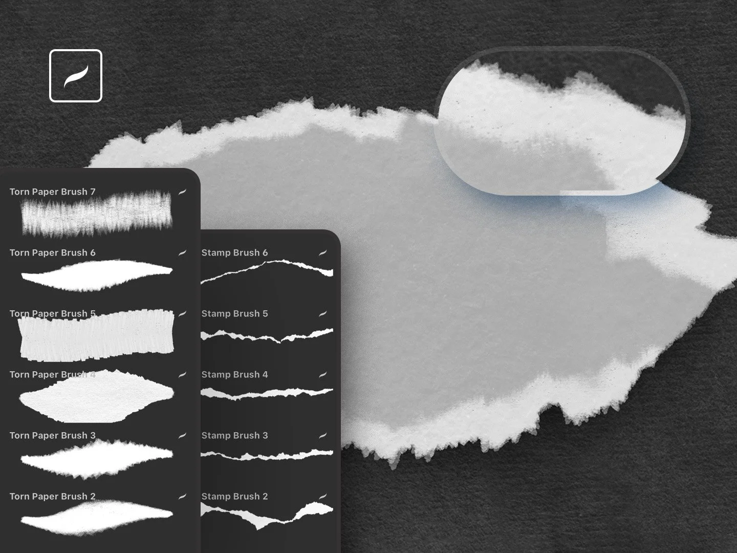 Realistic torn paper effect in Procreate with a ripped edge, paper grain, and soft shadow on a dark background