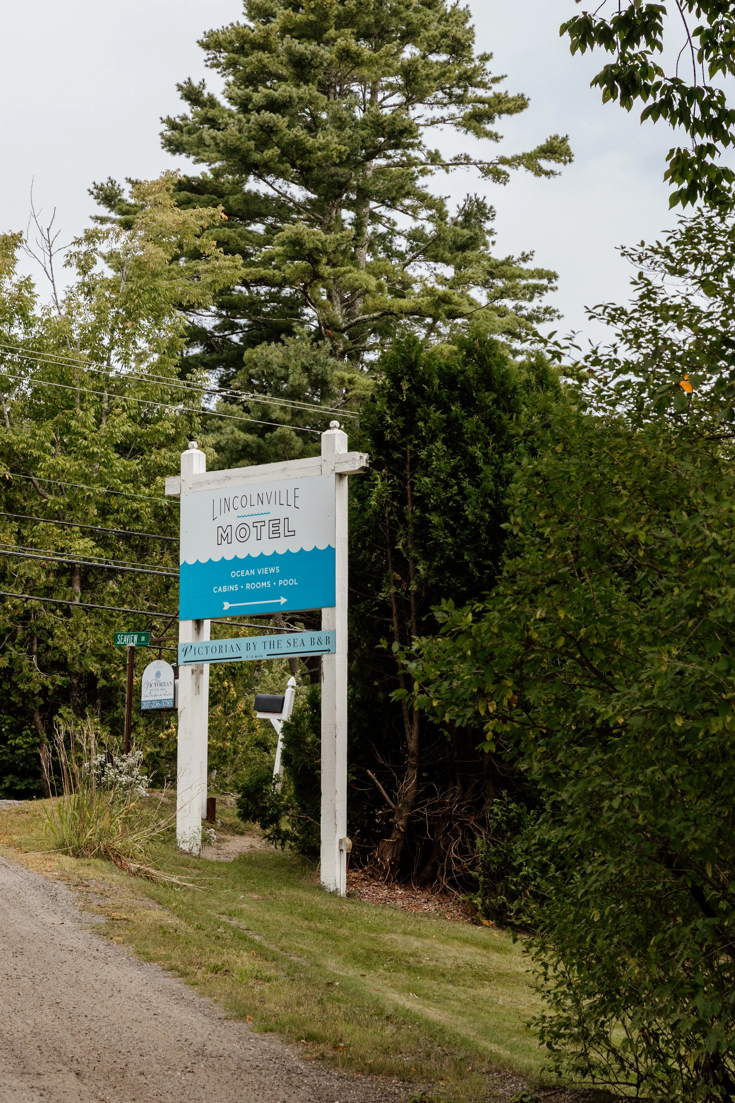A sign for Lincolnville Motel with ocean views, cabins, rooms, and pool, located near large trees and a gravel road.