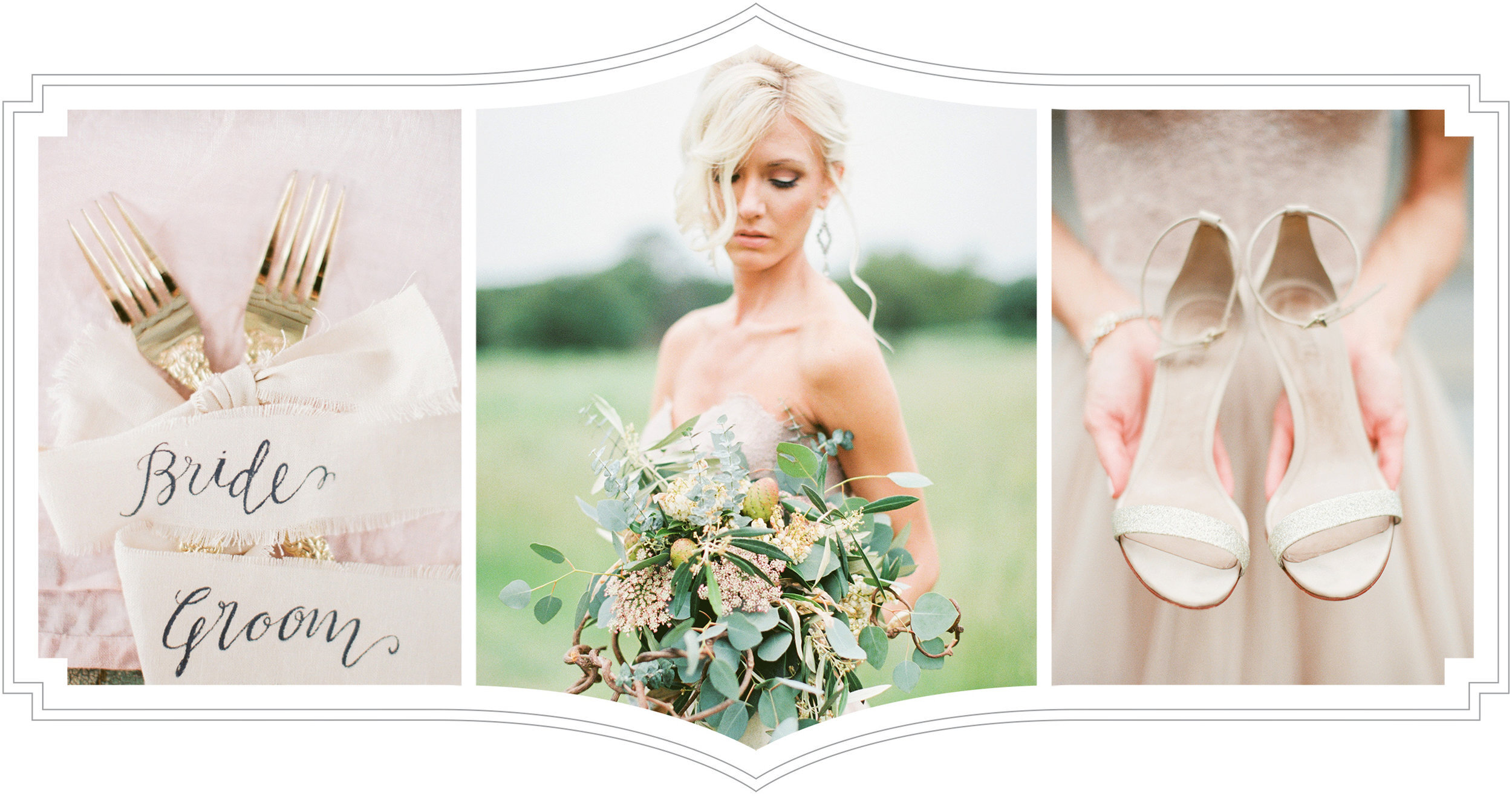Three images on a wedding photo album page: a pair of gold forks wrapped in a pink ribbon with a 'Bride & Groom' banner, a bride in a strapless dress holding a bouquet of flowers outdoors, and a pair of beige high-heeled shoes held by a person wearin