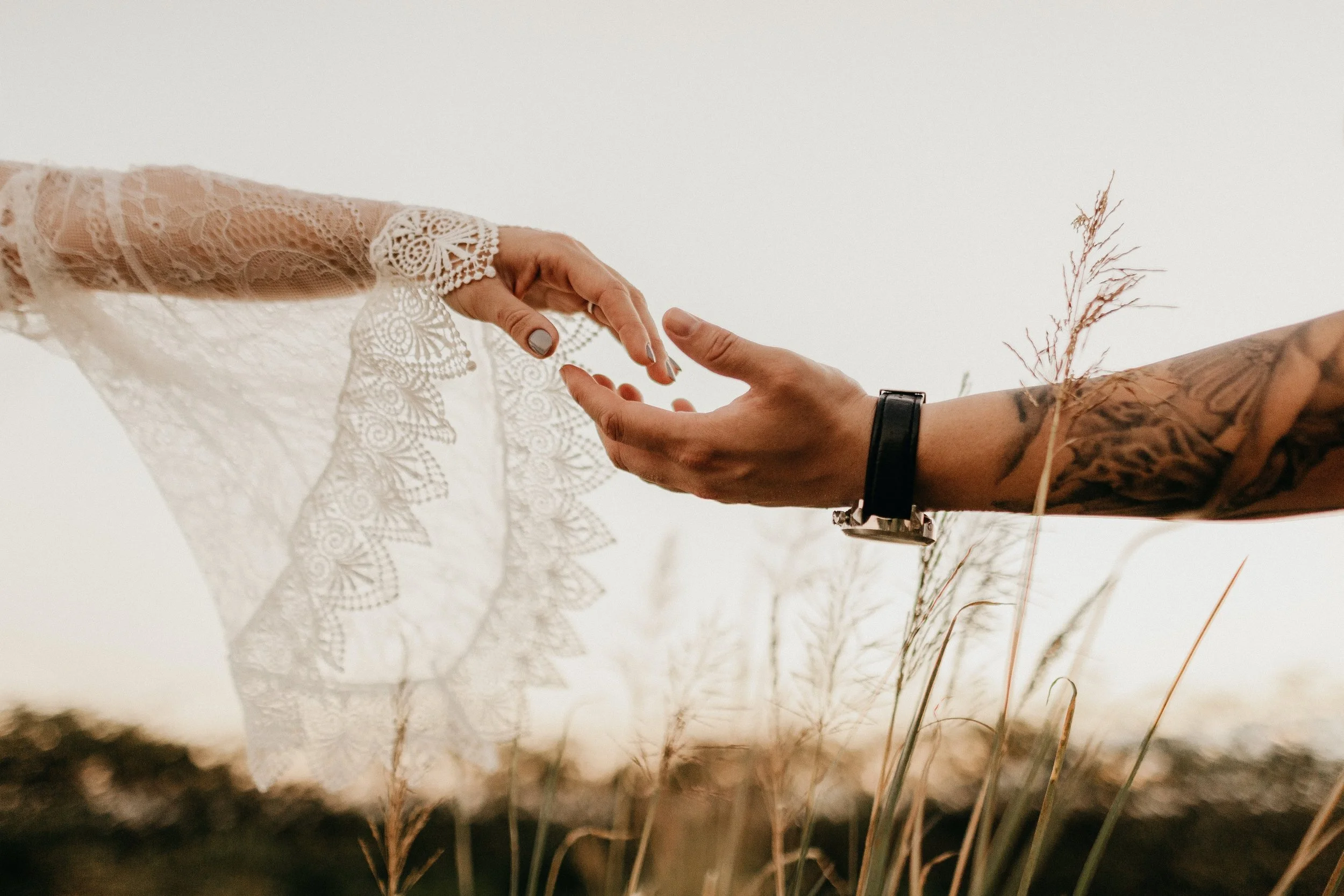 Two hands reaching toward each other in a field with tall grass, one hand with lace sleeve and the other with a tattoo and black wristwatch.