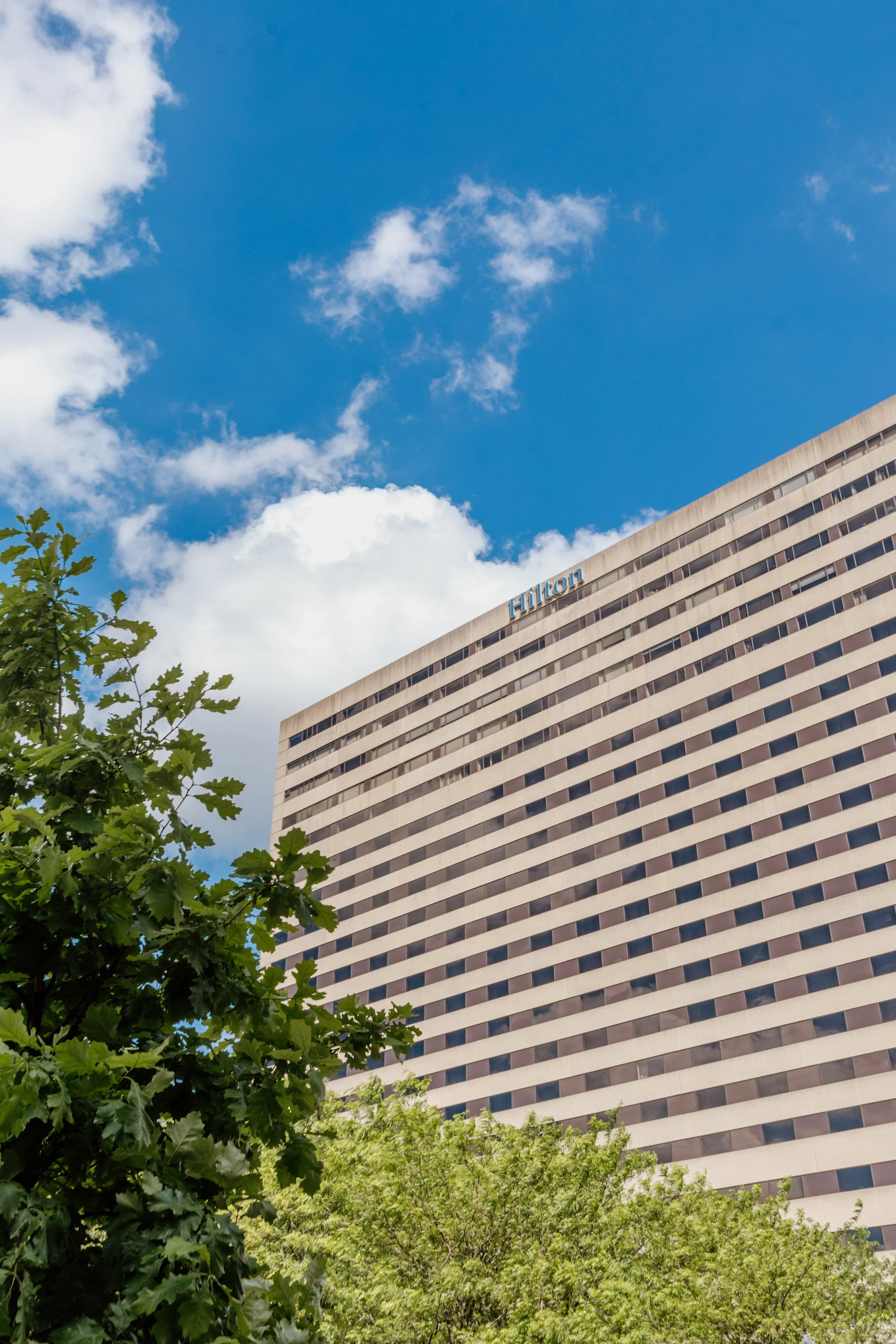 A tall Hilton hotel building seen from the street, with green trees in the foreground and a partly cloudy blue sky above.