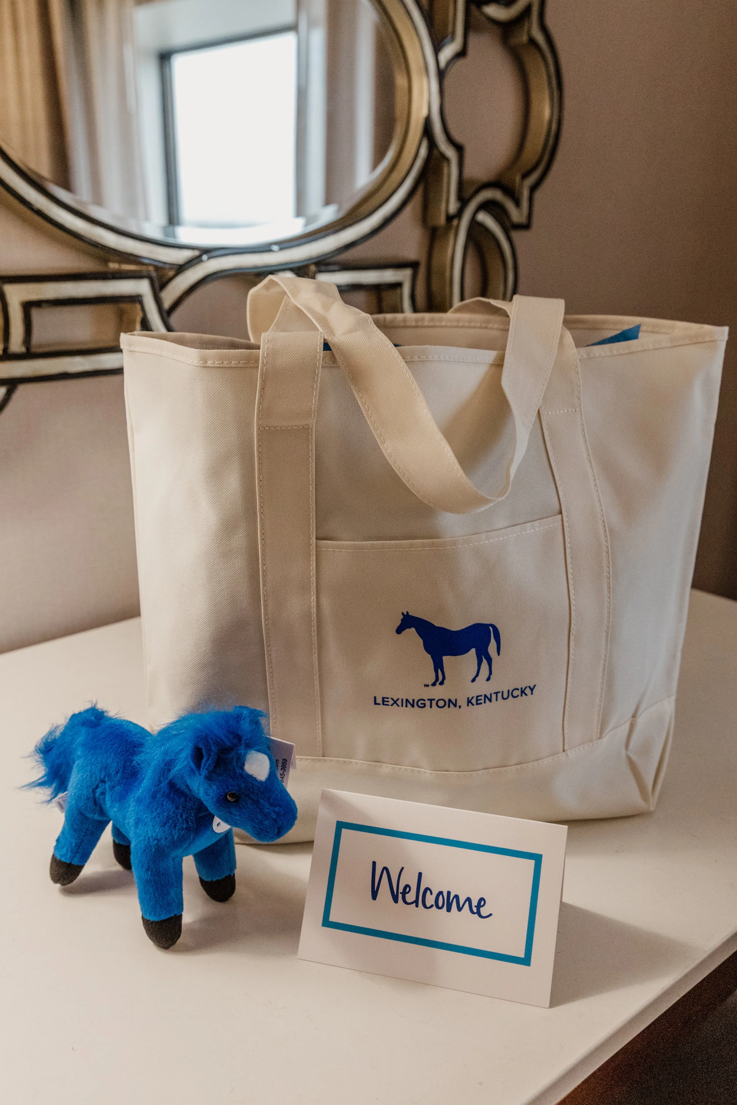 A beige tote bag with a blue horse silhouette and the text 'Lexington, Kentucky' on a white table. Next to it is a plush blue horse toy and a small sign that says 'Welcome'. In the background, a mirror with a decorative frame is visible.