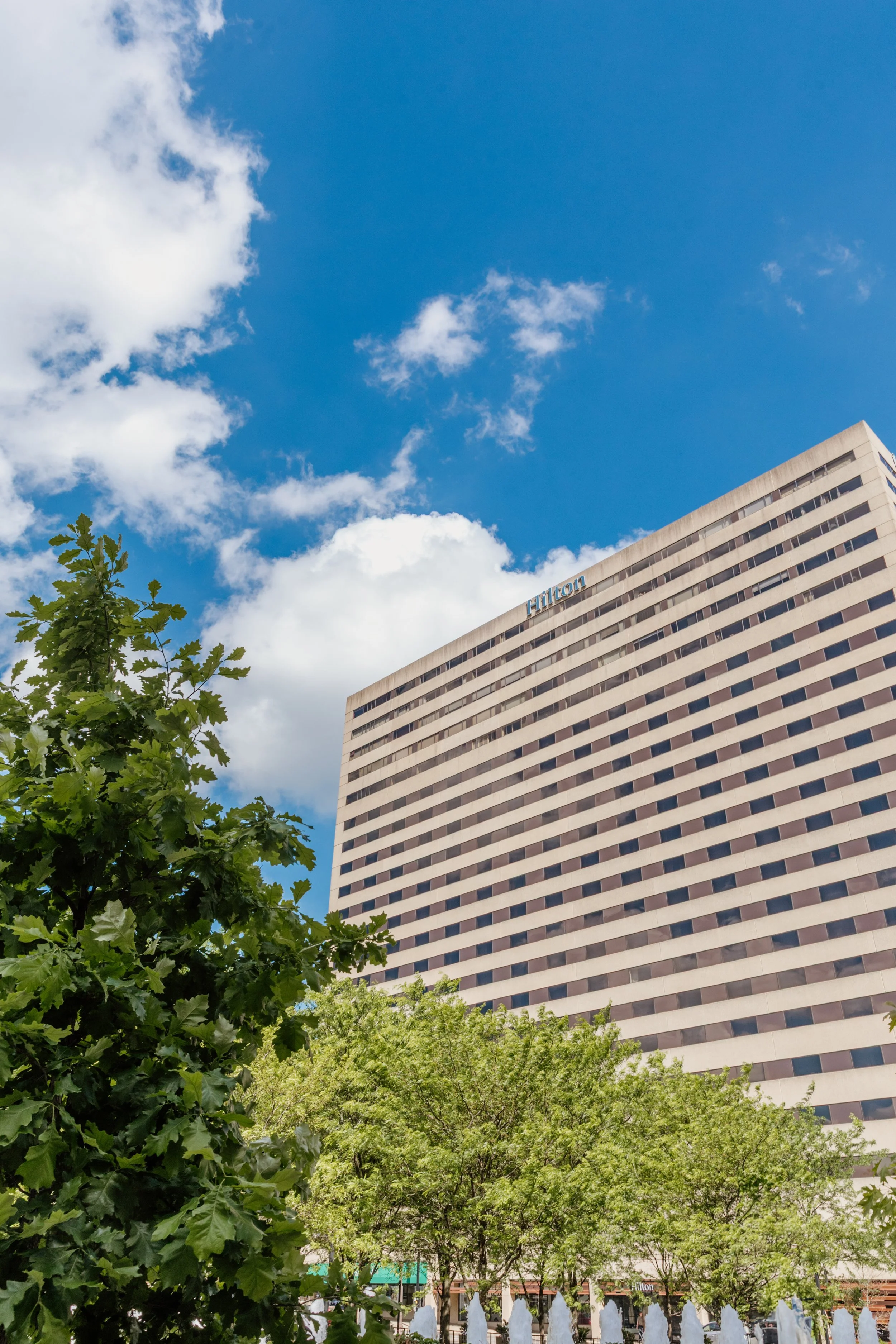 Tall Hilton hotel building with blue sky and white clouds, surrounded by green trees in the foreground.