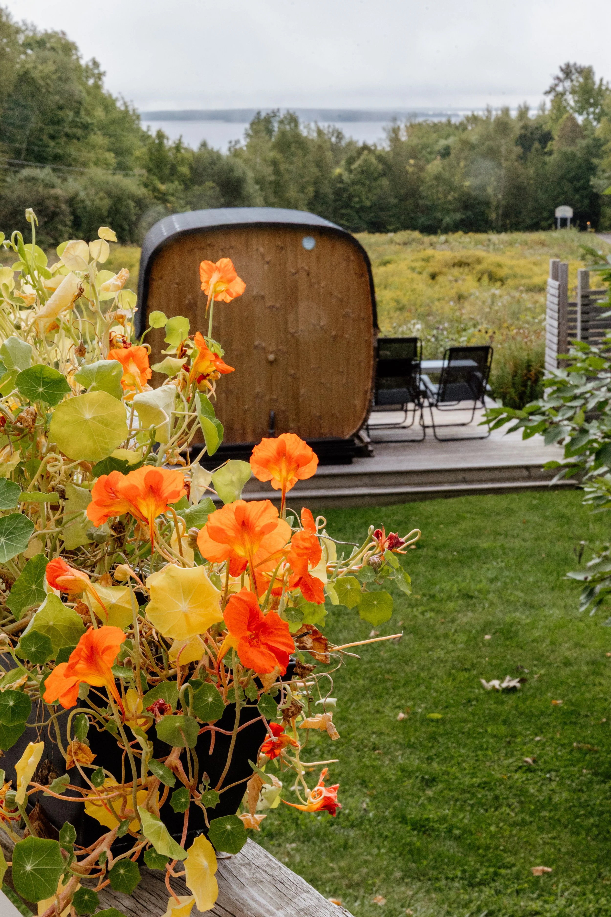 A garden view featuring orange and yellow flowering plants in the foreground, a wooden hot tub with black trim, and a patio with chairs overlooking a lush green meadow and distant water body under a cloudy sky.