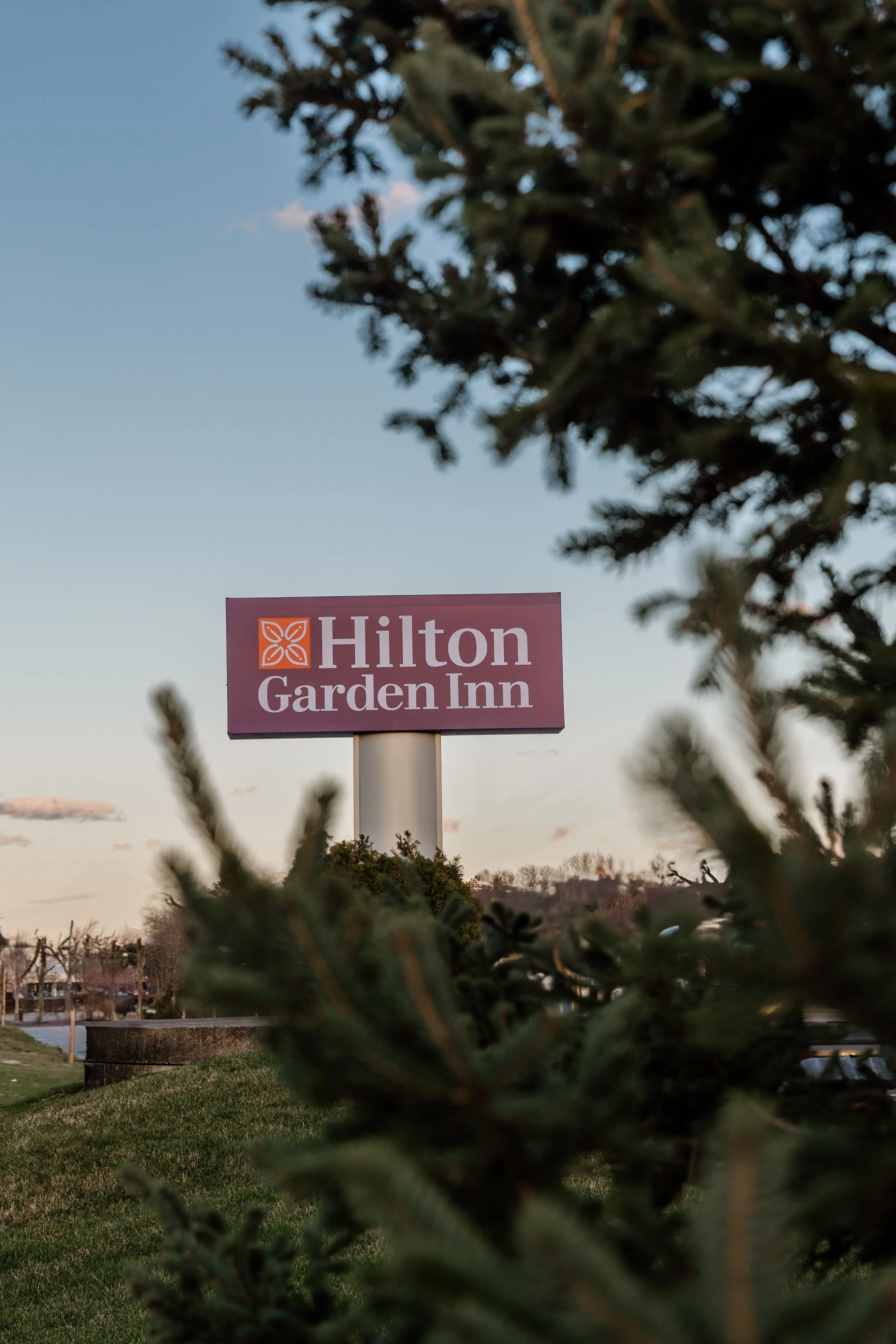 Hilton Garden Inn sign viewed through tree branches, with a partly cloudy sky in the background.