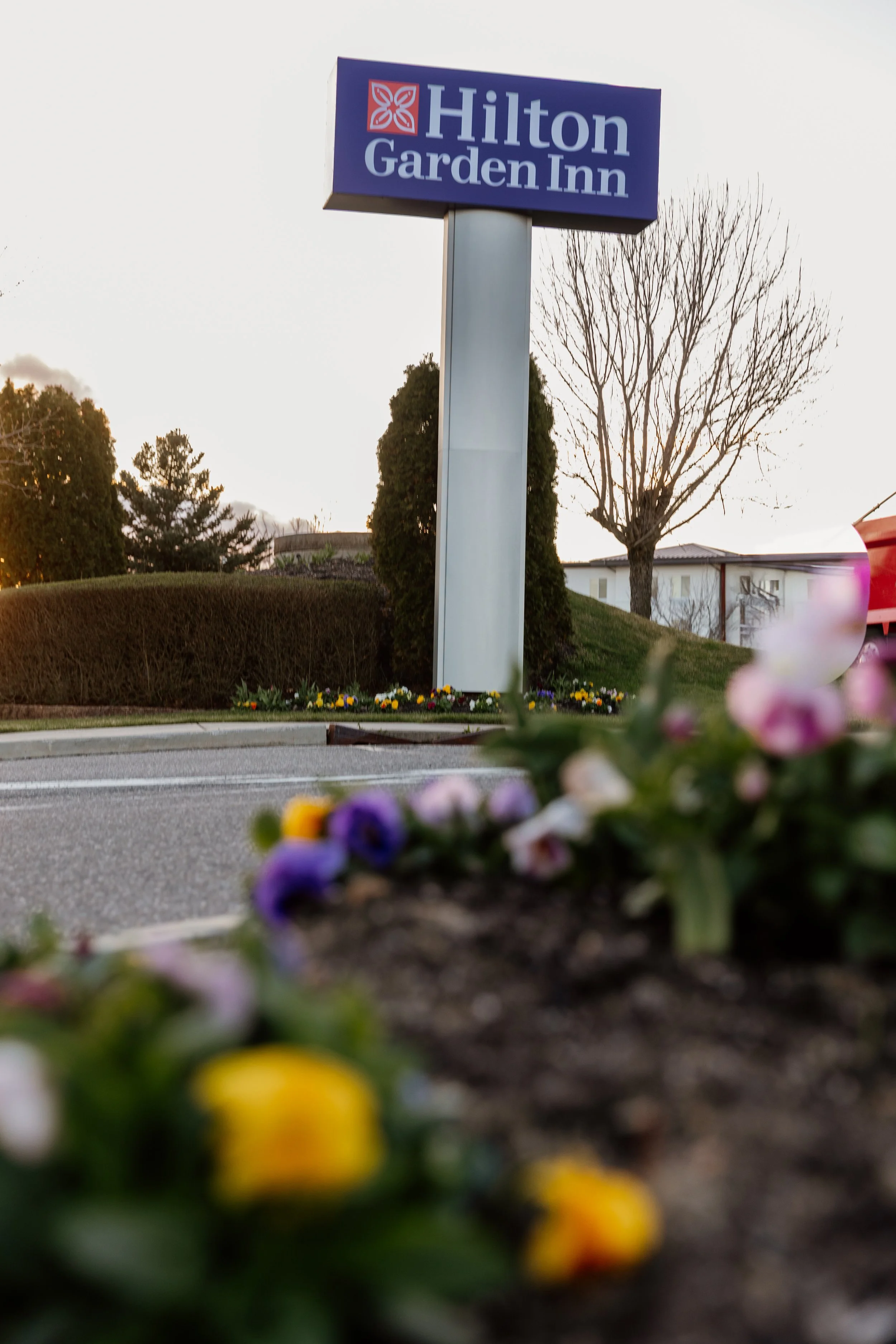Sign for Hilton Garden Inn hotel with flowers in the foreground and trees in the background.