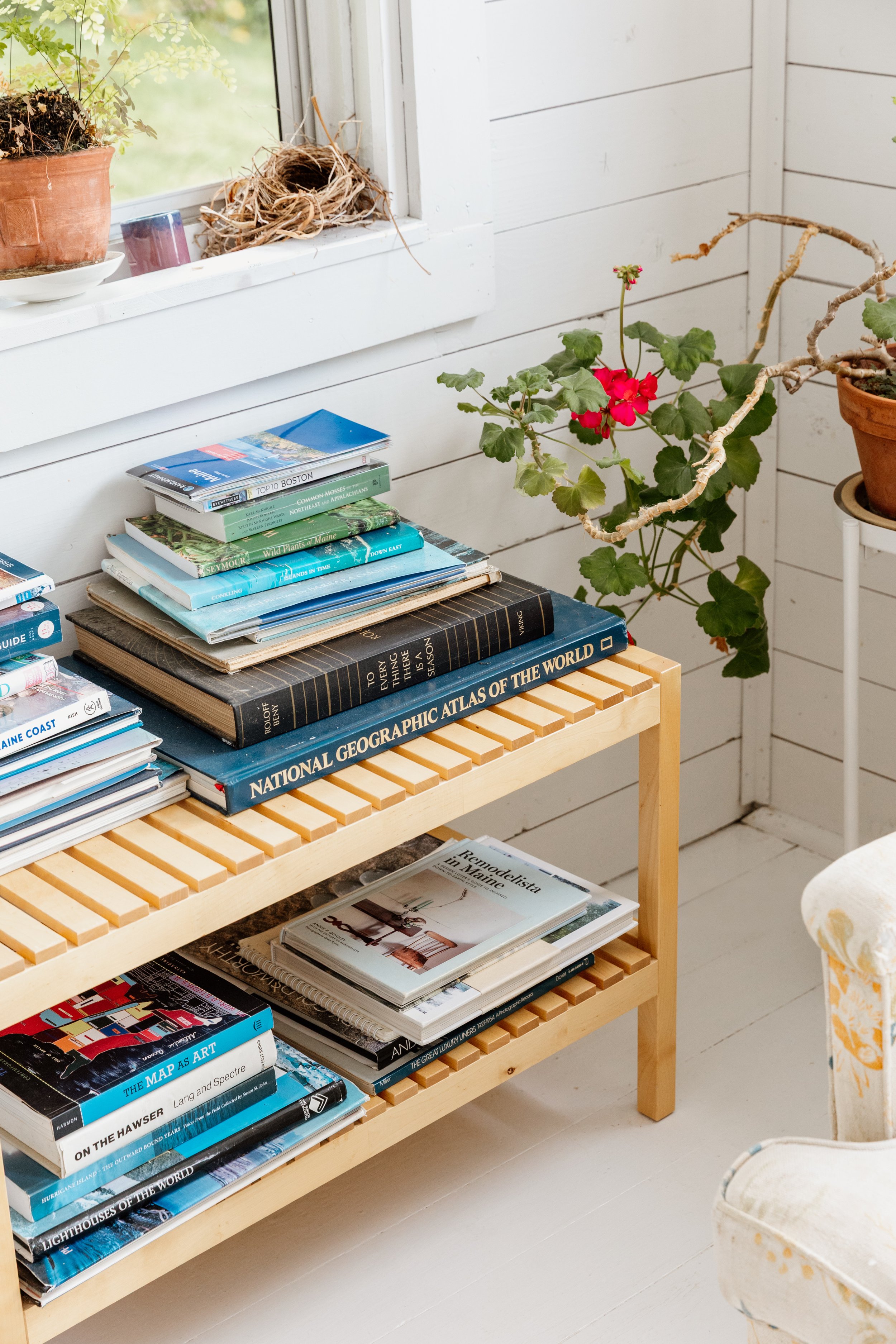 A small wooden table with two shelves holding stacks of books, near a window with a plant and a dead bird's nest on the window sill, and a vibrant potted geranium plant next to a white paneled wall.