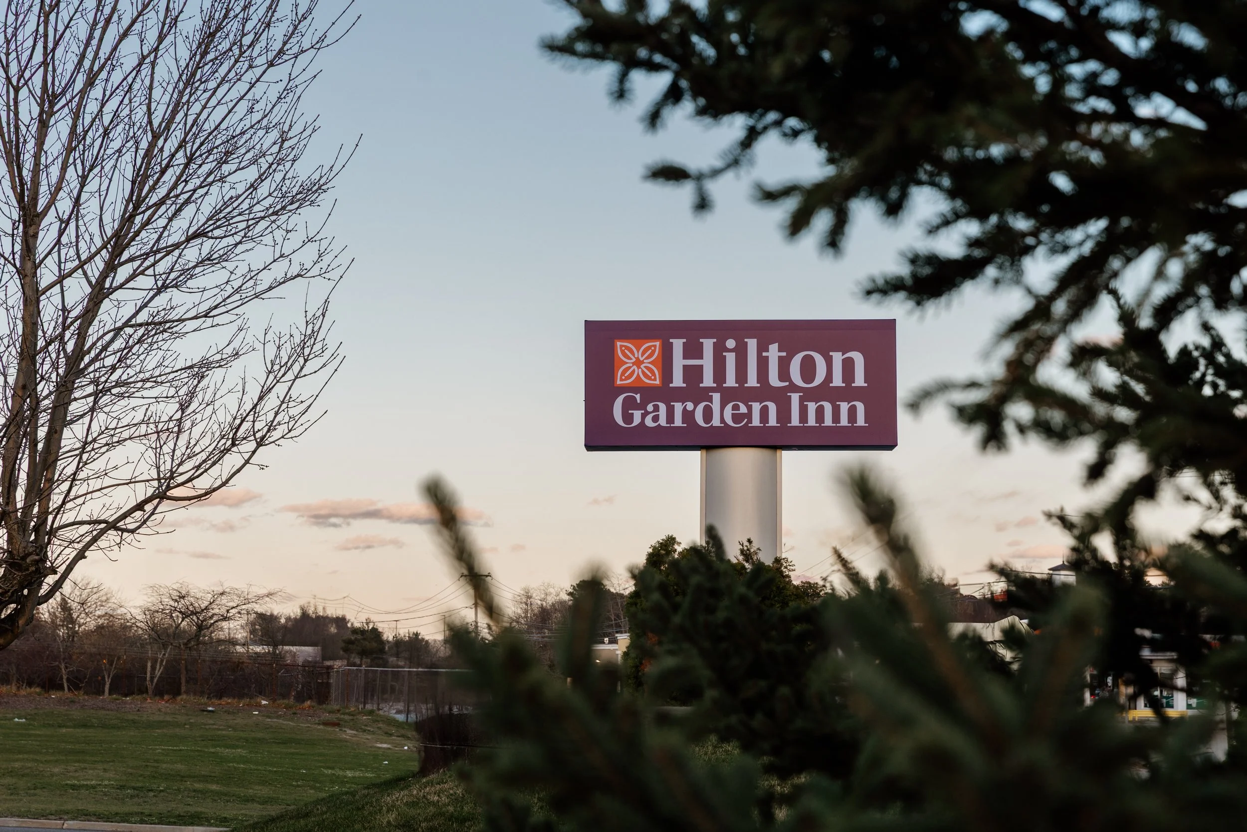 Sign for Hilton Garden Inn, viewed through trees during dusk or dawn.