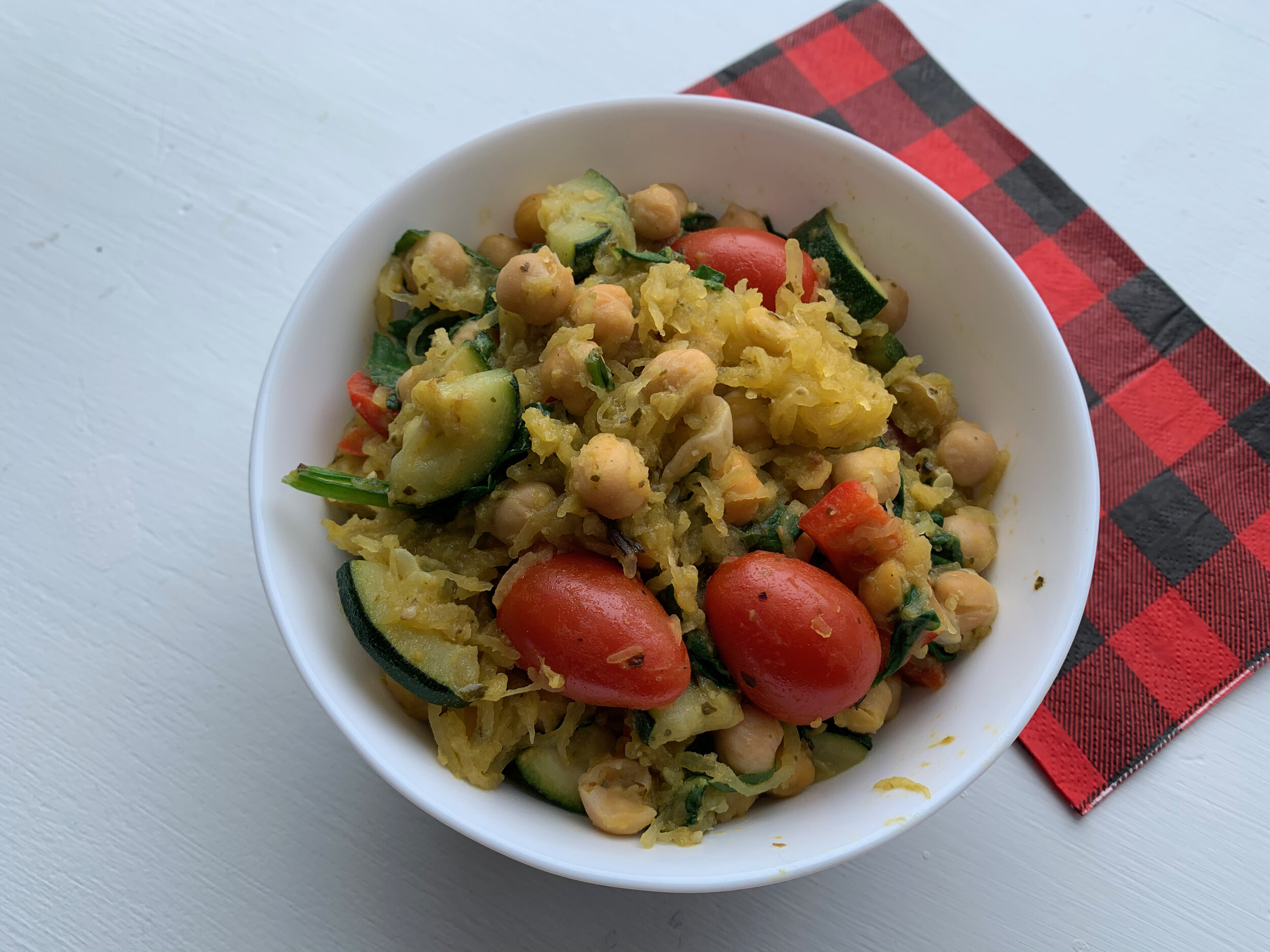 Spaghetti Squash with Pesto, Chickpeas and Vegetables
