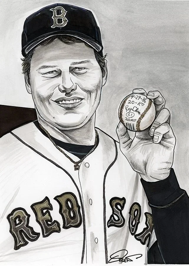 April 29, 1986, Boston Ace Rocket Roger Clemens made major league history by becoming the first pitcher to strike out 20 batters in a single nine inning game. this illustration appeared in newspapers back in the day.