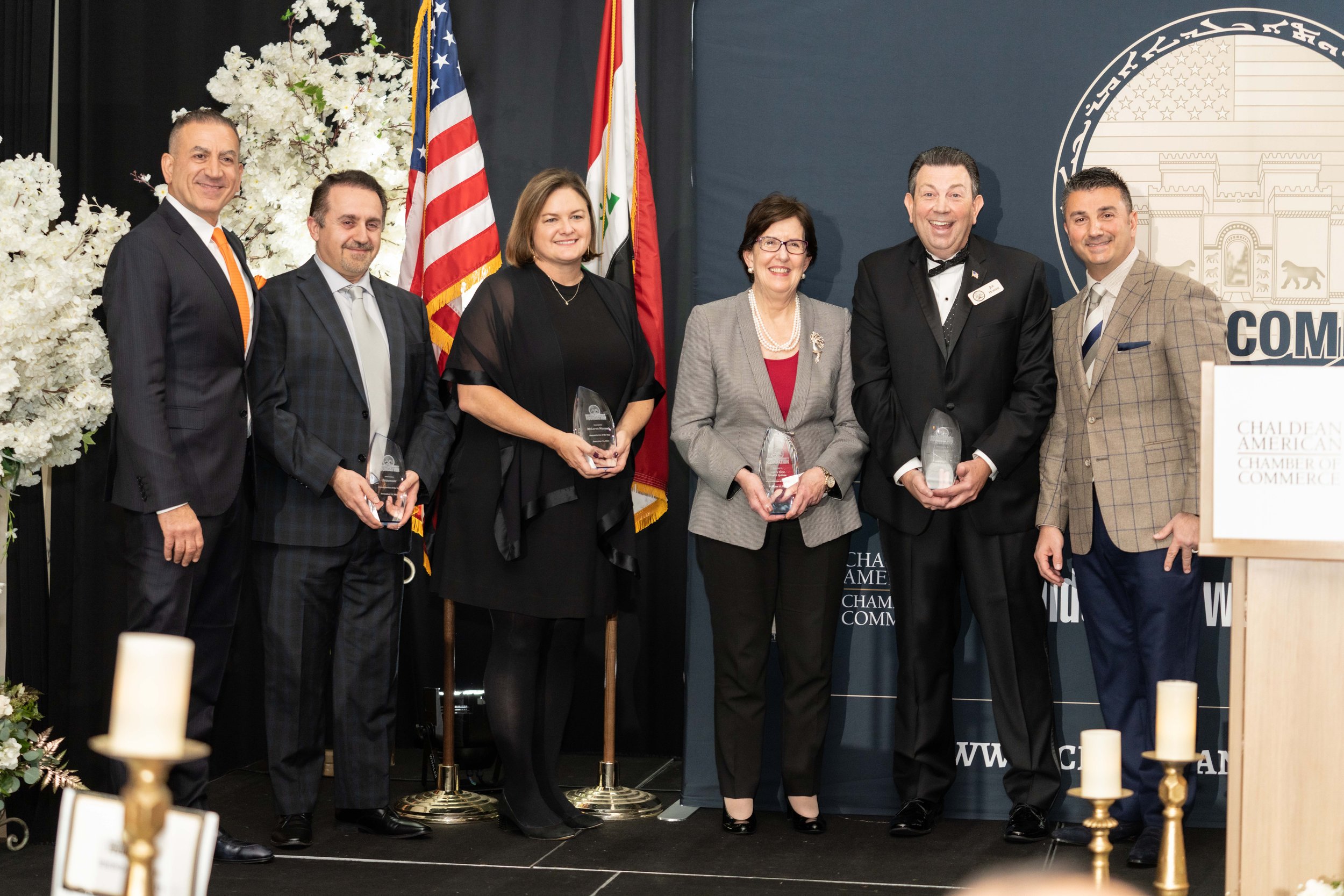  Representatives from McLaren, Beaumont, Henry Ford, and Ascension receiving their Humanitarian of the Year awards. From left to right: Saber Ammori, Dr. Laith Jamil, Kelly McNally, Barbara Rossmann, Joseph Hurshe, and Martin Manna. 