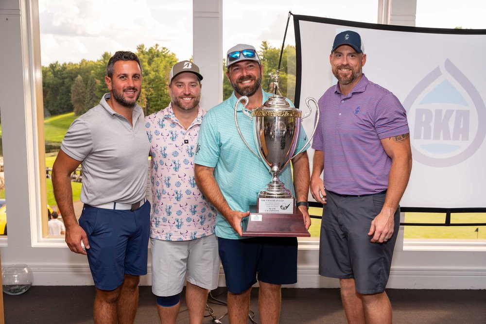  The winning team (Absopure) with Golf Outing Committee Chair Matt Loussia (on left); Ryan Yost, Bill Rabe, John “Butters” Bonczak.  