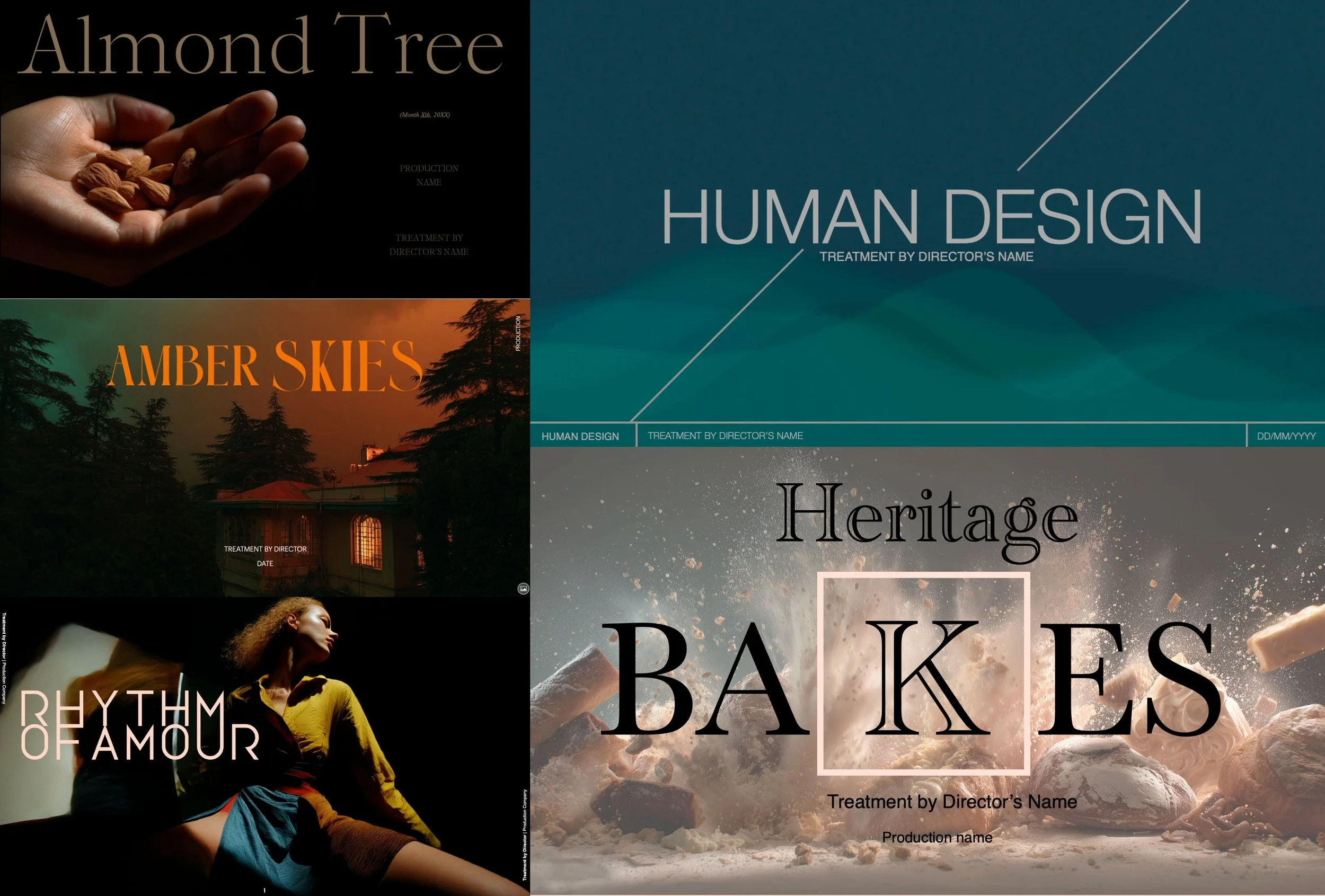 5 Pack | Premium Film Pitch Deck Templates: Almond, Amber, Heritage, Human, Rhythym